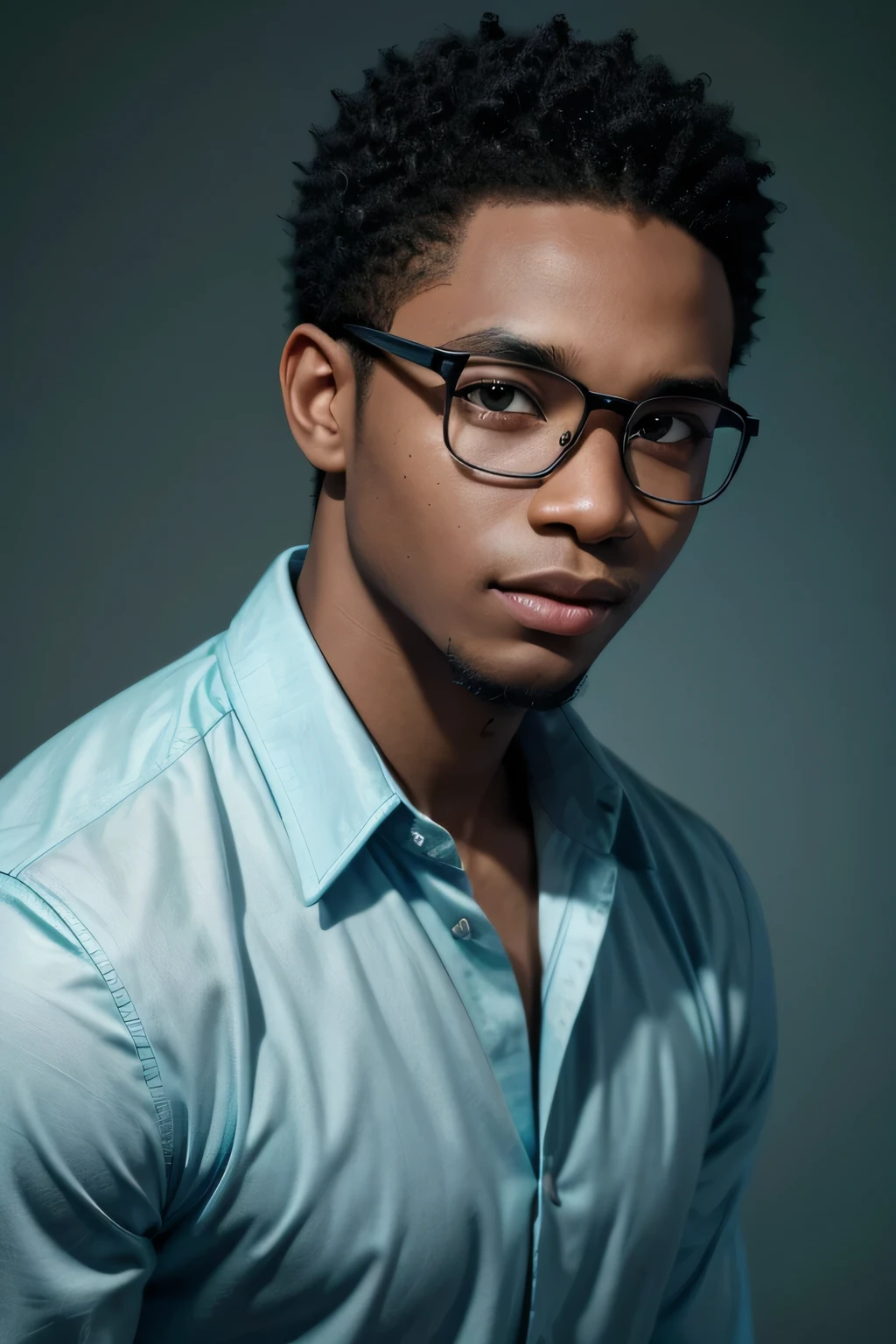 A young African-American man with discreet glasses on his eyes, black military style hair and a professional smile he is wearing a dress shirt A man is positioned against an aqua colored background with subtle black lighting 23 year old man