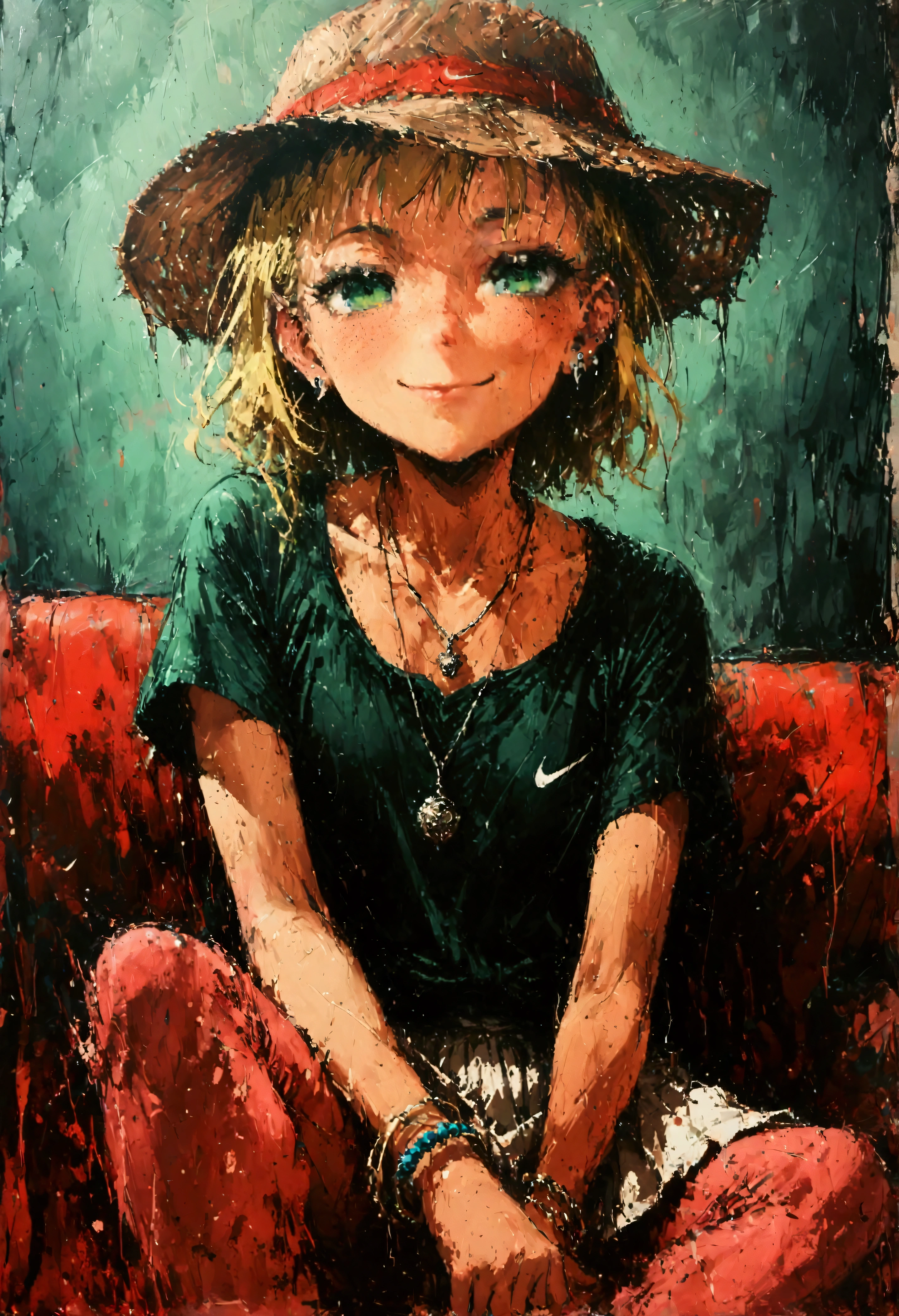 cheeky, freckled, blonde girl, green eyes, flat chest, pert butt, fishing hat, ear piercing, expensive pendant, bracelet, tight t-shirt, jeans, white mini skirt, Nike sneakers, cheeky smile, sitting on the couch house, tv background, echi, cinematic, dramatic, POV, dynamic view, full body,
