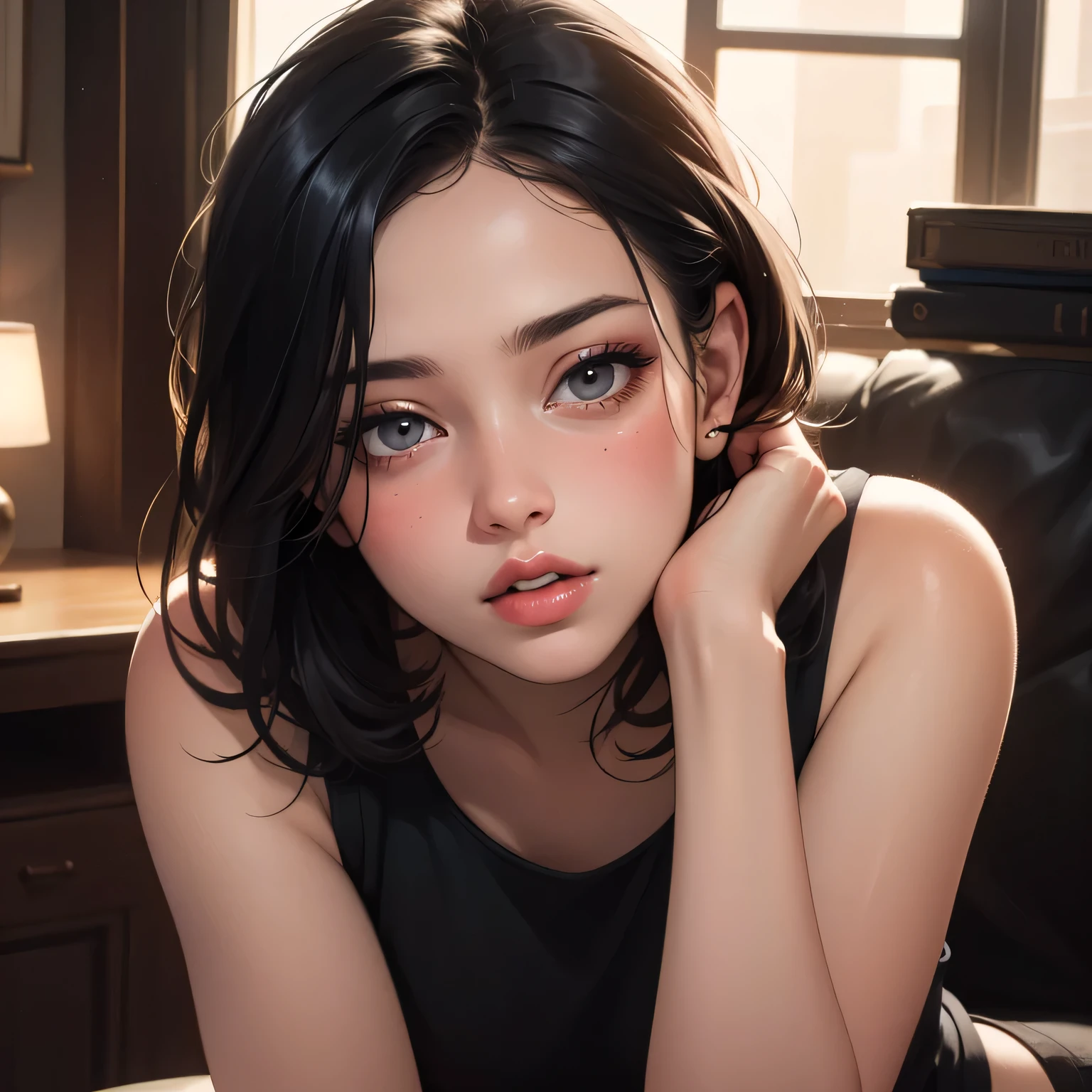 1girl, beautiful detailed eyes, beautiful detailed lips, extremely detailed eyes and face, long eyelashes, captivating gaze, flawless makeup, alluring figure, thick thighs, wide hips, provocative aura, childhood best friend, glowing up, black tank top, black short shorts, (best quality,4k,8k,highres,masterpiece:1.2),ultra-detailed,(realistic,photorealistic,photo-realistic:1.37),HDR,UHD,studio lighting,ultra-fine painting,sharp focus,physically-based rendering,extreme detail description,professional,vivid colors,bokeh,portraits