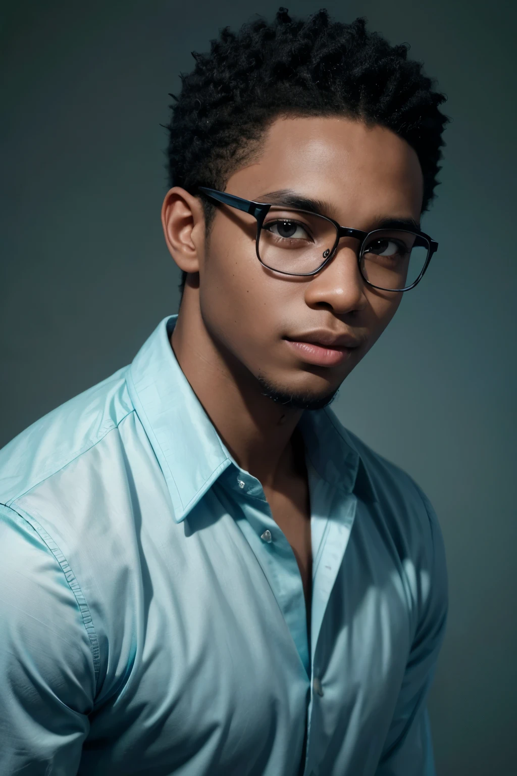 A young African-American man with discreet glasses on his eyes, black military style hair and a professional smile he is wearing a dress shirt A man is positioned against an aqua colored background with subtle black lighting 23 year old man
