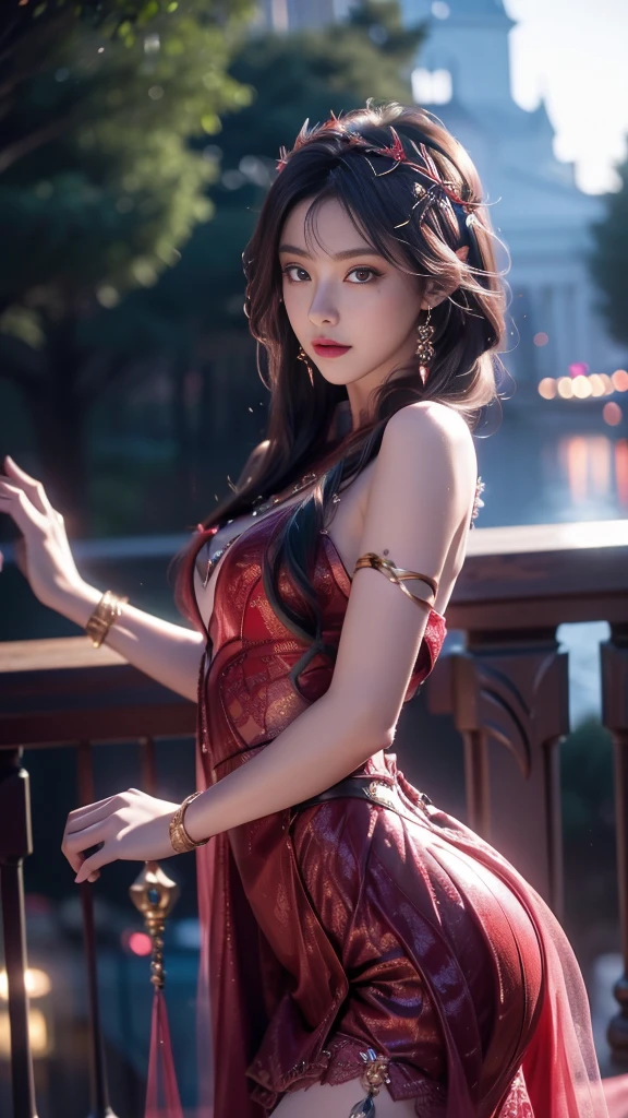8K, UHD, MAsterpiece, best quality, 1 girl, (realistic face), happy pace, very long hair, small breasts, decorated dress, very beautiful ornaments dress, ((red and teal)), ((lace)), mesh dress, sardine, loops, legendary night balcony, depth of field, cinematic lighting, chromatic aberration, motion blur, glowing light, god rays, ray tracing, reflection light, backlighting, navel short, front,