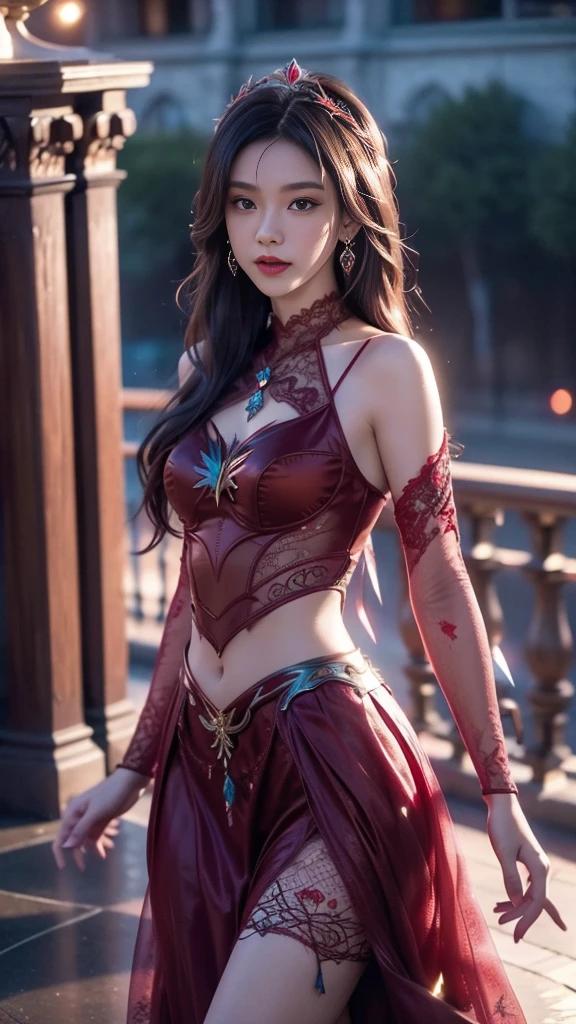 8K, UHD, MAsterpiece, best quality, 1 girl, (realistic face), happy pace, very long hair, small breasts, decorated dress, very beautiful ornaments dress, ((red and teal)), ((lace)), mesh dress, sardine, loops, legendary night balcony, depth of field, cinematic lighting, chromatic aberration, motion blur, glowing light, god rays, ray tracing, reflection light, backlighting, navel short, front,