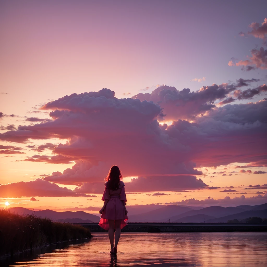 A backshot image of a girl standing on top of water, reflecting the beautiful, pink and red sunset. The water seems to infinitely go on. The girl is wearing a pink dress that sways in the summer breeze. The girl is centered in the image. You can barely see the headphones on her head because she is so far away from the camera.