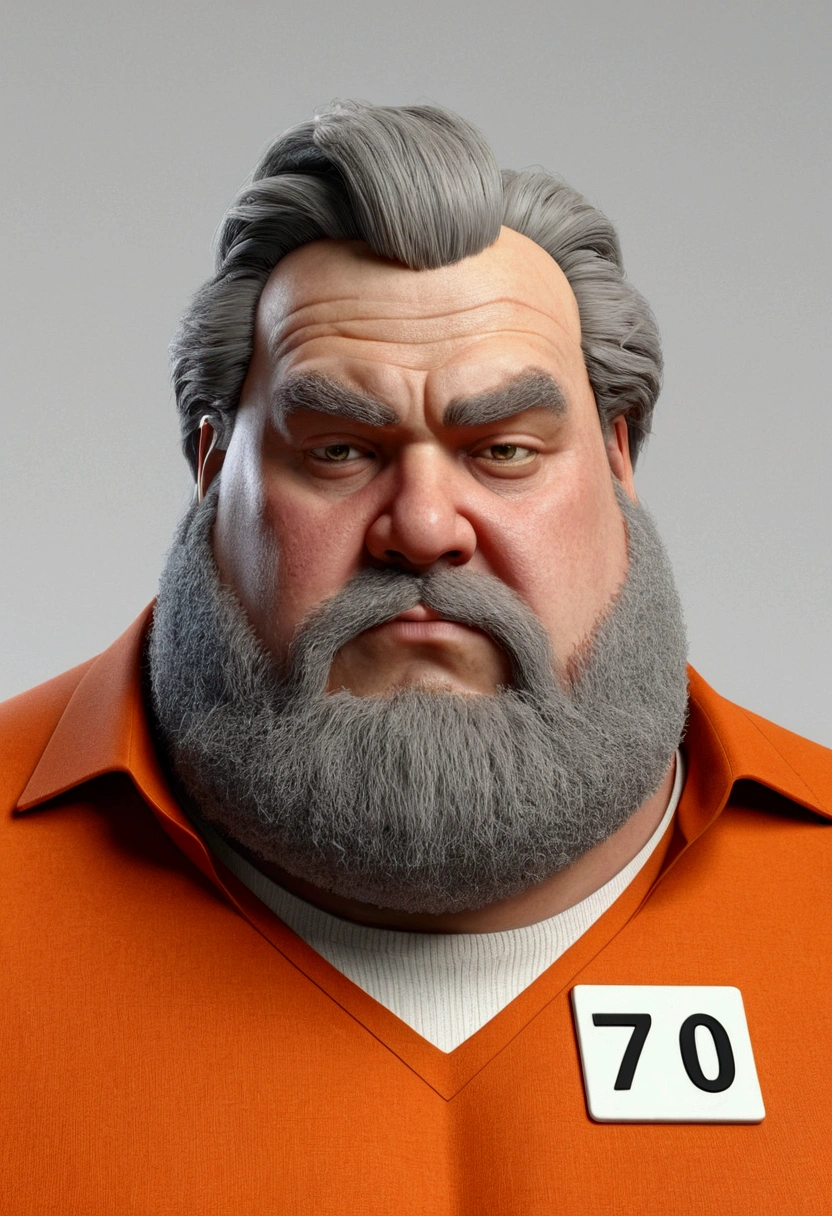 fat man, offwhite, hair grey, 3d character, orange blouse with large number 70 and the word AVANTE.