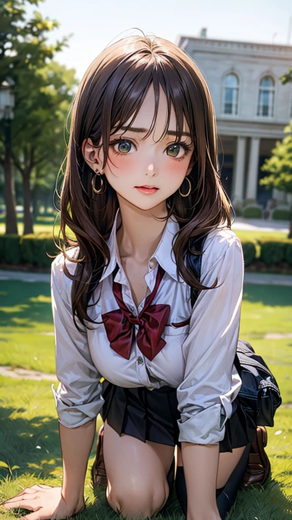 (masterpiece:1.2, top-quality), (realistic, photorealistic:1.4), beautiful illustration, (natural side lighting, movie lighting),
looking at viewer, cowboy shot, front view:0.6, 1 girl, japanese, high school girl, perfect face, cute and symmetrical face, shiny skin,
(long hair:1.8, straight hair:1.7, light brown hair), parted bangs, emerald green eyes, long eye lasher, (large breasts:0.9, thick thighs),
beautiful hair, beautiful face, beautiful detailed eyes, beautiful clavicle, beautiful body, beautiful chest, beautiful thigh, beautiful legs, beautiful fingers,
((, white collared shirts, black pleated mini skirt, black socks, brown loafers, red bow tie)), break, hoop ring earrings, pink panties, dark blue school bag, violet cardigan, break,
(beautiful scenery), evening, A girl is on all fours in a grassy field. She is carrying a large dog on her back and mating with him.
Her face is bright red and flushed, her brow is furrowed, her eyes are closed, and her mouth is open in anguish.
(The skirt is very short.).