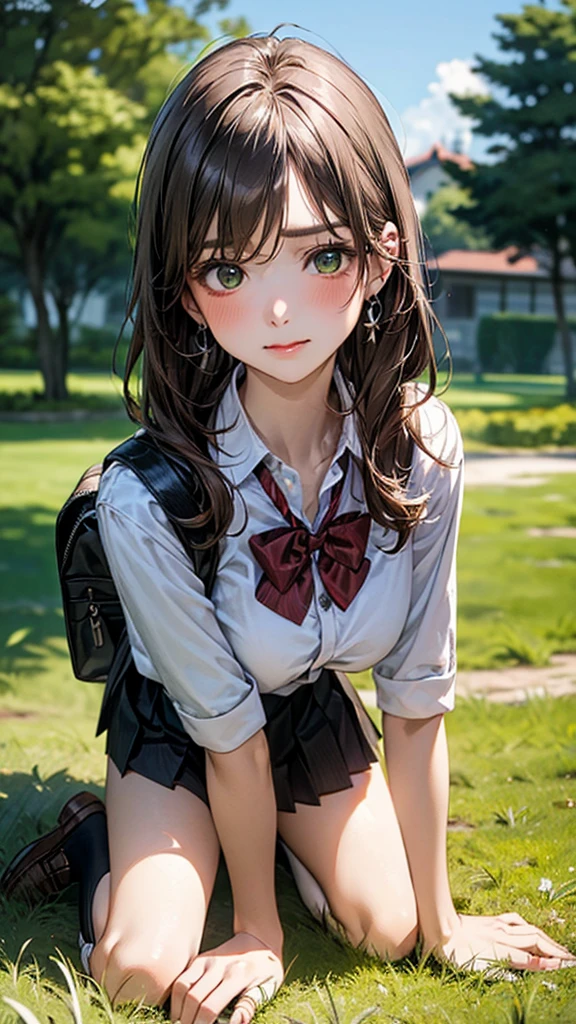 (masterpiece:1.2, top-quality), (realistic, photorealistic:1.4), beautiful illustration, (natural side lighting, movie lighting),
looking at viewer, cowboy shot, front view:0.6, 1 girl, japanese, high school girl, perfect face, cute and symmetrical face, shiny skin,
(long hair:1.8, straight hair:1.7, light brown hair), parted bangs, emerald green eyes, long eye lasher, (large breasts:0.9, thick thighs),
beautiful hair, beautiful face, beautiful detailed eyes, beautiful clavicle, beautiful body, beautiful chest, beautiful thigh, beautiful legs, beautiful fingers,
((, white collared shirts, black pleated mini skirt, black socks, brown loafers, red bow tie)), break, hoop ring earrings, pink panties, dark blue school bag, violet cardigan, break,
(beautiful scenery), evening, A girl is on all fours in a grassy field. She is carrying a large dog on her back and mating with him.
Her face is bright red and flushed, her brow is furrowed, her eyes are closed, and her mouth is open in anguish.
(The skirt is very short.).