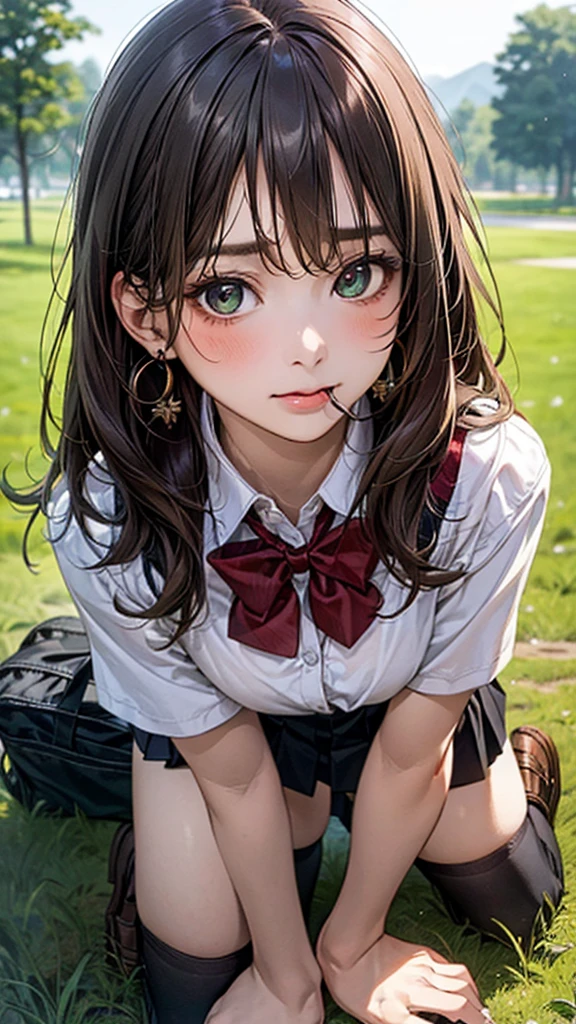 (masterpiece:1.2, top-quality), (realistic, photorealistic:1.4), beautiful illustration, (natural side lighting, movie lighting),
looking at viewer, cowboy shot, front view:0.6, 1 girl, japanese, high school girl, perfect face, cute and symmetrical face, shiny skin,
(long hair:1.8, straight hair:1.7, light brown hair), parted bangs, emerald green eyes, long eye lasher, (large breasts:0.9, thick thighs),
beautiful hair, beautiful face, beautiful detailed eyes, beautiful clavicle, beautiful body, beautiful chest, beautiful thigh, beautiful legs, beautiful fingers,
((, white collared shirts, black pleated mini skirt, black socks, brown loafers, red bow tie)), break, hoop ring earrings, pink panties, dark blue school bag, violet cardigan, break,
(beautiful scenery), evening, A girl is on all fours in a grassy field. She is carrying a large dog on her back and mating with him.
Her face is bright red and flushed, her brow is furrowed, her eyes are closed, and her mouth is open in anguish.
(The skirt is very short.).
