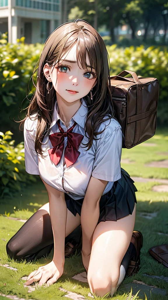 (masterpiece:1.2, top-quality), (realistic, photorealistic:1.4), beautiful illustration, (natural side lighting, movie lighting), 
looking at viewer, cowboy shot, front view:0.6, 1 girl, japanese, high school girl, perfect face, cute and symmetrical face, shiny skin, 
(long hair:1.8, straight hair:1.7, light brown hair), parted bangs, emerald green eyes, long eye lasher, (large breasts:0.9, thick thighs), 
beautiful hair, beautiful face, beautiful detailed eyes, beautiful clavicle, beautiful body, beautiful chest, beautiful thigh, beautiful legs, beautiful fingers, 
((, white collared shirts, black pleated mini skirt, black socks, brown loafers, red bow tie)), break, hoop ring earrings, pink panties, dark blue school bag, violet cardigan, break,
(beautiful scenery), evening, A girl is on all fours in a grassy field. She is carrying a large dog on her back and mating with him.
Her face is bright red and flushed, her brow is furrowed, her eyes are closed, and her mouth is open in anguish.

(The skirt is very short.).