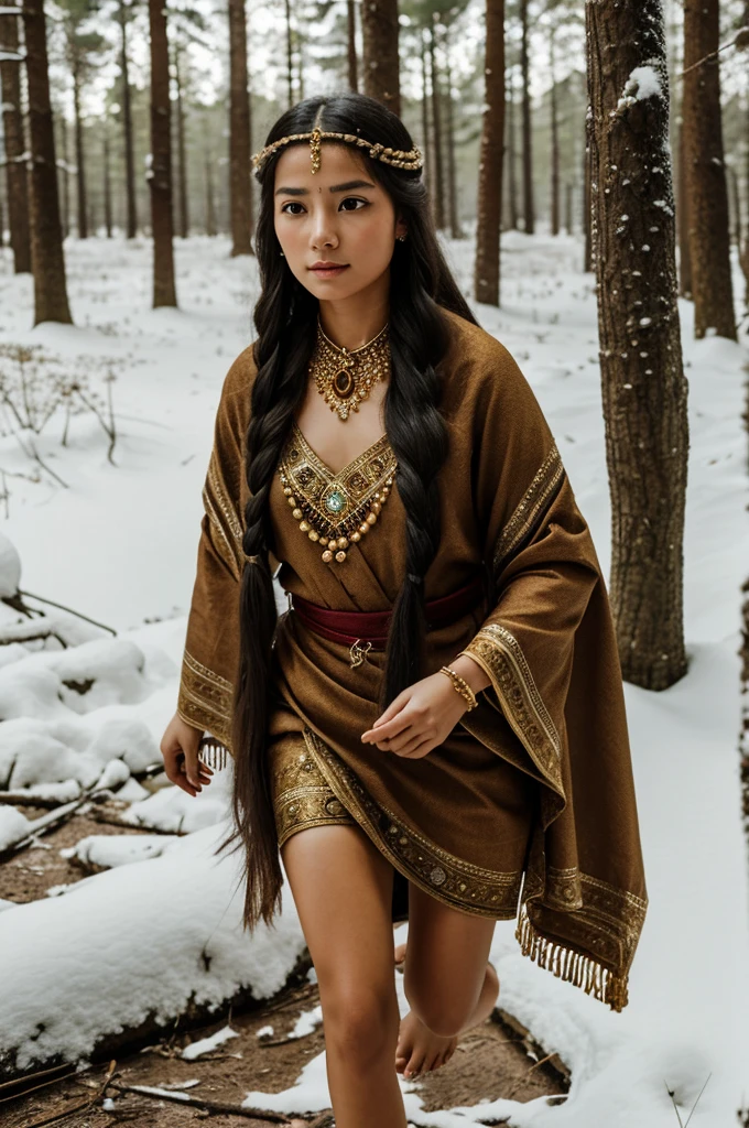 A girl, inspired by an old book, ancient culture, Long hair, high, many traditional jewelry, barefoot, in the middle of a forest full of snow.