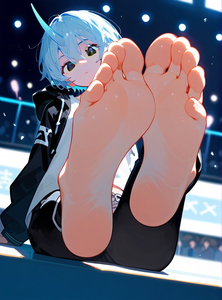 一个浅蓝色头发的男孩蹲在一个人的肚子上展示Soles，Soles，barefoot, Foot Focus,White T-shirt, Black Hooded Jacket, There are bangs between the eyes,short hair,Light blue hair, Black pants, Anatomically correct, There is a single blue horn in the middle of the head, black eyes，The audience sees their belly，The audience&#39;s hands were tied to their chests