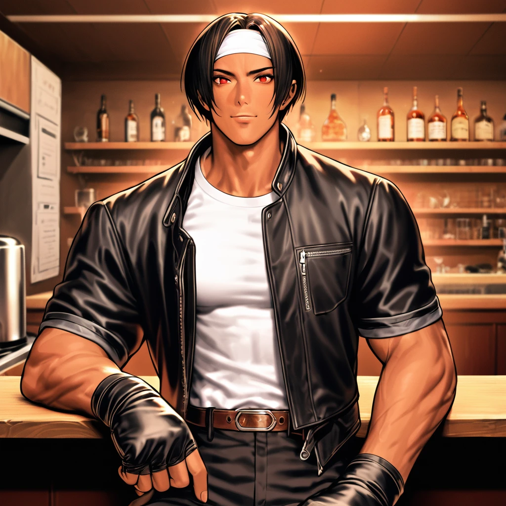 Orochikyo, 1 person,Dark Skin,Red eyes,Black jacket, Fingerless gloves, White T-shirt, White headband, Black trousers, White shoes, Brown belt, good looking,indoor, charm, masterpiece, High resolution, Detailed face,fine grain, A confident grin,Take a seat at the counter,Drinking whiskey from a rocks glass