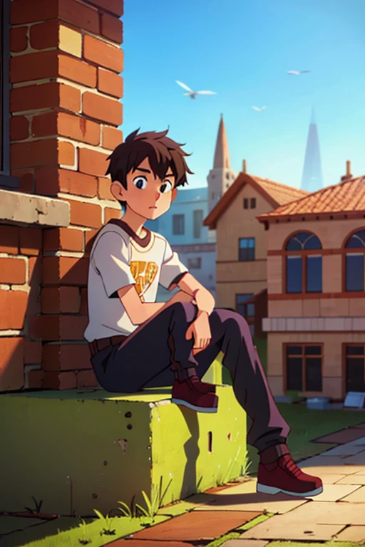 a 19 year old boy, sitting in a corner at the top of a building, fully body