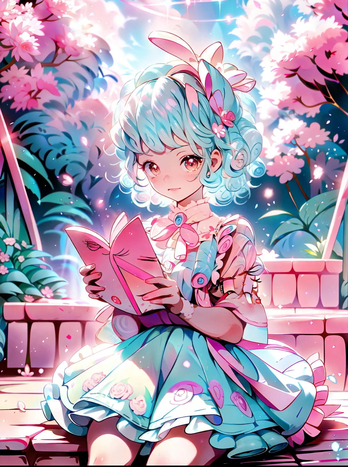 My little pony, cozy glow, young girl, blue swirly short hair, swirly bangs, (pastel pink skin), ((blue hair with light blue strains)), orange eyes, white hair band, in a pink botanical garden, Nyssa sylvatica garden arch, pink shimmering ponds with lily pads, cherry blossom tress everywhere, light pink crepuscular rays, pink dappled rays, pink soft evening sky, pink clouds, pink and white roses everywhere, pink frilly dress, soft innocent look, red morning glory Delphinium all around her, ultra high quality, sitting under a pink cherry blossom tree, pink garden