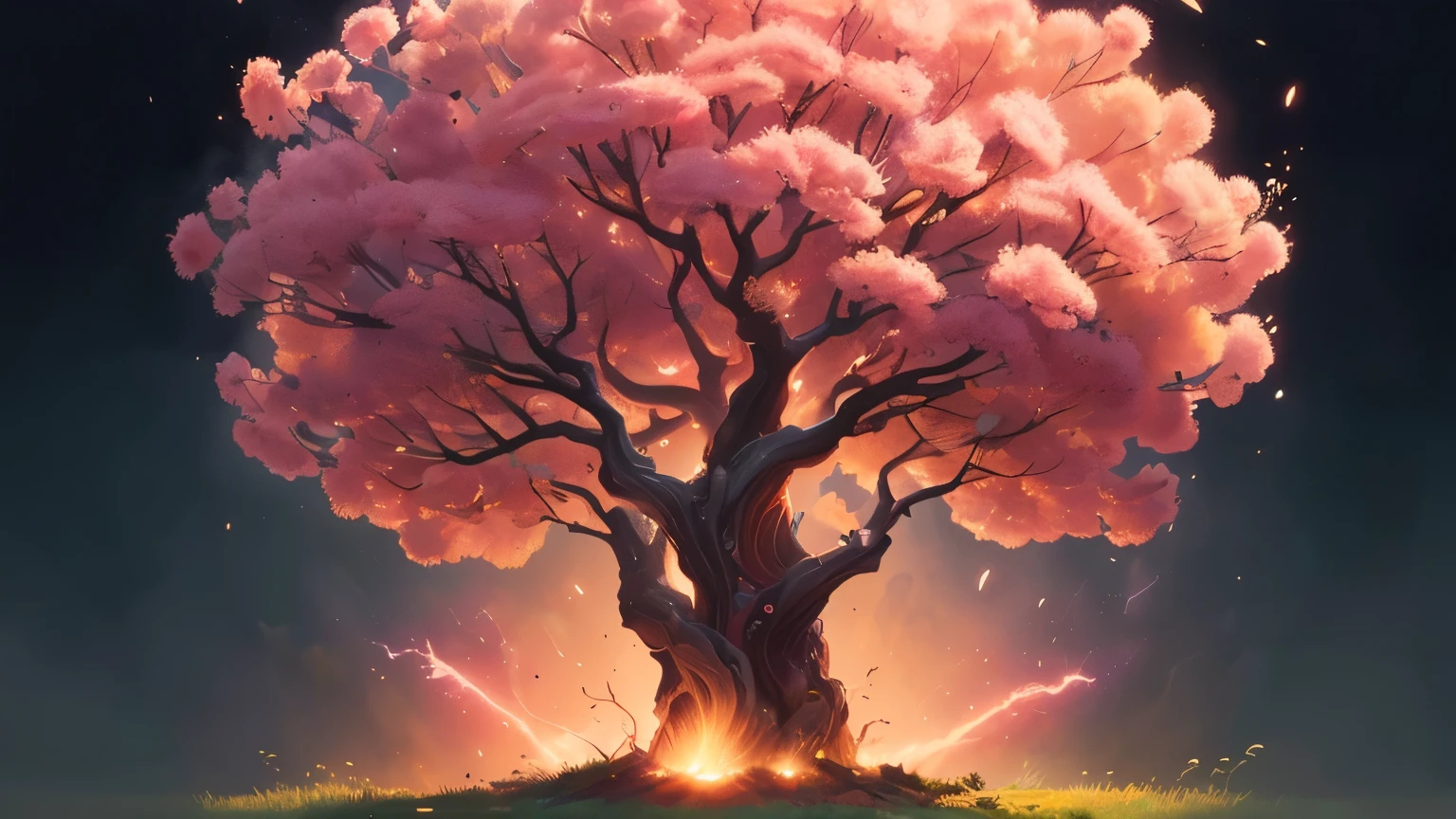 ((best quality)), ((masterpiece)), (detailed), A digital illustration of a pink jasmine tree with glowing, vibrant colors and energy radiating from it