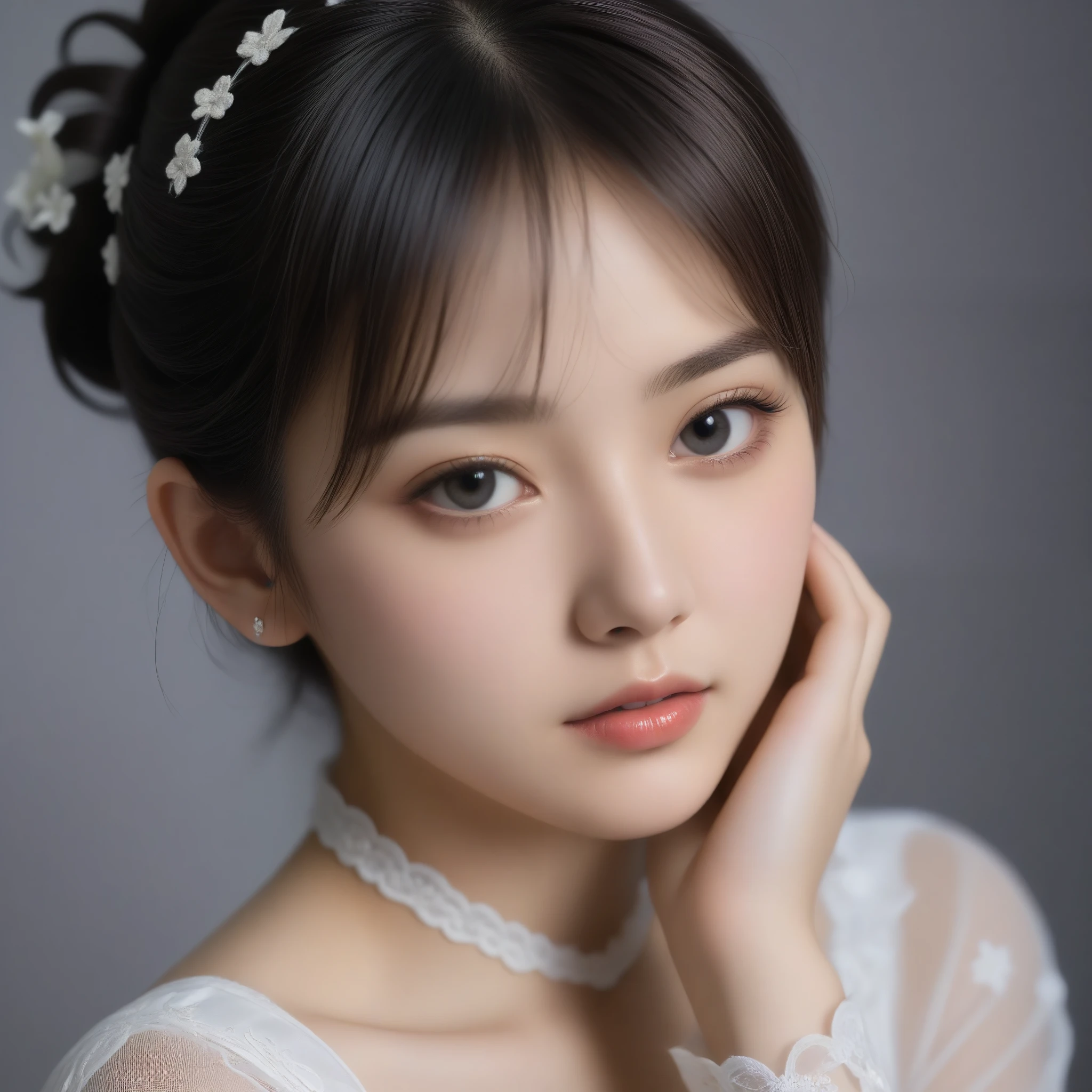 8k, Ultra-high resolution, Highest quality, masterpiece, 三分割法によるphotograph,Surreal, photograph, 1 Girl, (16 years old:1.3), pretty girl, Cute Face, Beautiful eyes in every detail, 細かくdetailedに,masterpiece,One Girl:1.2,Japan Female Teachers,extream close up,sad,streaming tears,Black short hair,Messy bun hair,(black suit:1.3),Nun's clothing,(印象派の美しい少女のPortraiture), (Gray background:1.3),(Impressionist light and colour),Gothic Girl , (One-piece suit, Embroidery lace, Sexy Embroidered Mesh Pantyhose Gloves),Realistic Skin, Perfect and beautiful face ,完璧でCute Face, Skin with attention to detail, Perfect limbs、Narrow waist,Looking at the audience,(((Ideal body type))),A cup small breasts :2,Portraiture:2,Perfect Anatomy,鮮明なdetailed,detailed,Surreal,Light and shadow,darkness