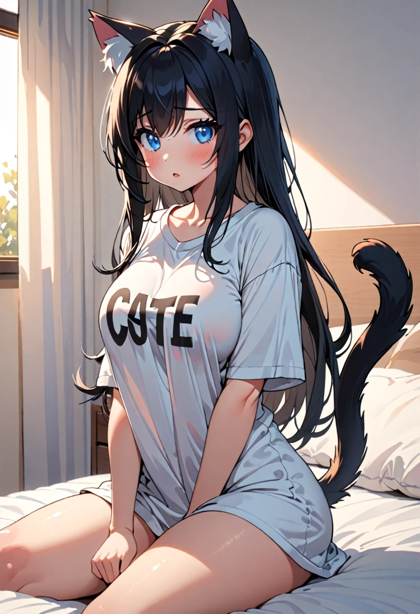 solo female, sitting on bed, oversized t-shirt, large breasts, young, very large breasts, blue eyes, straight long black hair, cat ears, cat tail, confused, morning, w sitting, very cute, childish, curvaceous, close up