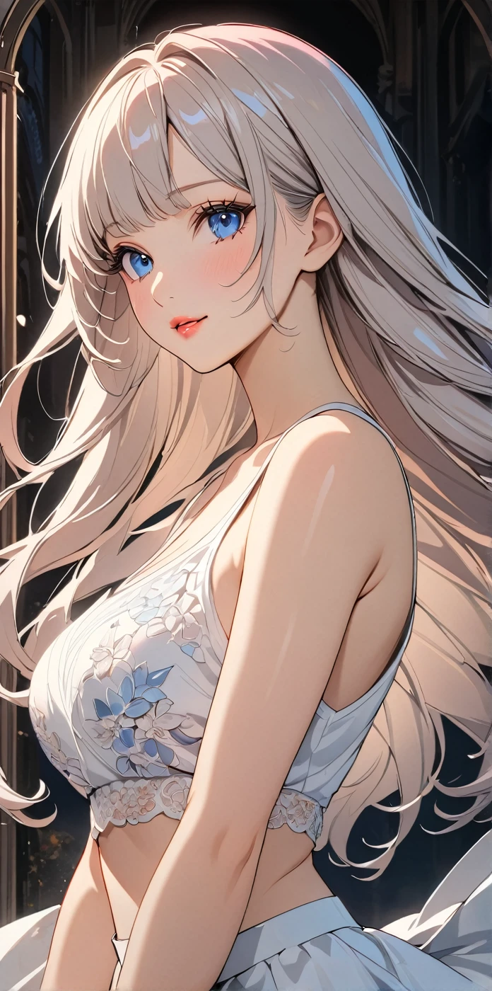 Elegant young woman,With long silver hair and bright blue eyes, Wearing a white short tank top and a cropped shirt, Detailed face and body, Beautiful and delicate eyes, Beautiful and delicate lips, Extremely detailed eyes and face, Long eyelashes, illustration, Anime style, Very detailed, 8K, Reality, masterpiece, Bright colors, Soft lighting, Delicate skin, Flowing long hair, Fine fabric texture, Intricate details, Dynamic poses