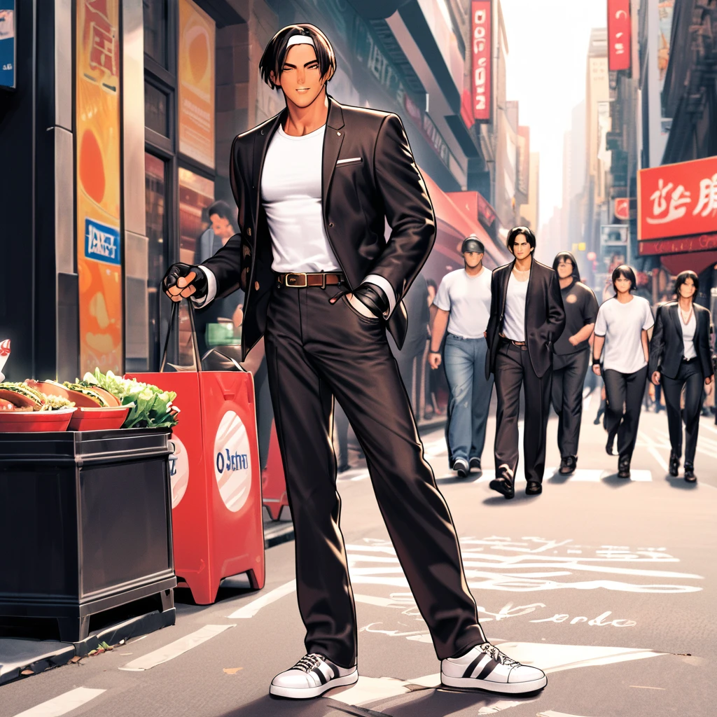 Orochikyo, 1 person,Dark Skin,Red eyes,Black jacket, Fingerless gloves, White T-shirt, White headband, Black trousers, White shoes, Brown belt, good looking,Outdoor, charm, masterpiece, High resolution, Detailed face,fine grain, A confident smile,Walking around New York City with friends,Talking happily,Eating a hamburger