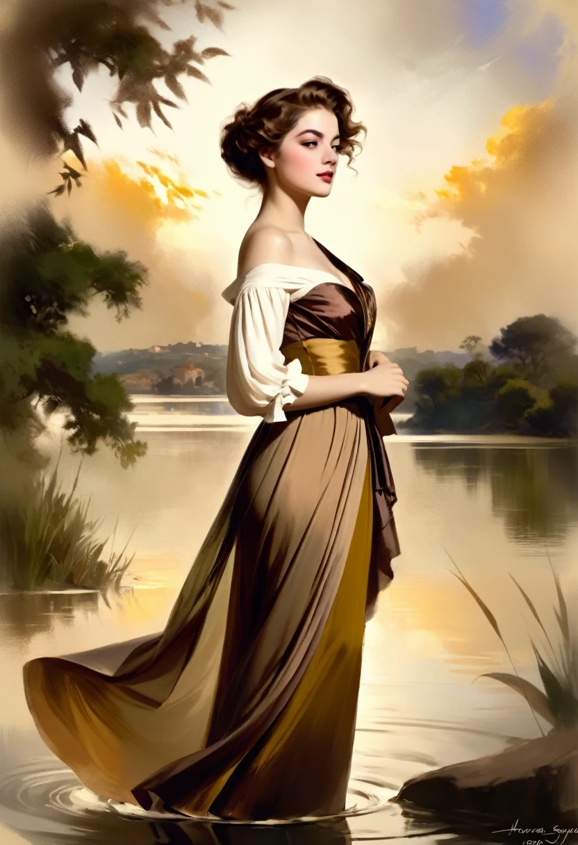 [front view]:[(((young DEN_alisya_soa) gradient of the old sepia canvas)):20]:[painting of a woman in a dress standing in front of a body of water, art of edouard bisson, renaissance digital painting, gorgeous digital painting, elegant digital painting, baroque digital painting, wlop painting style, beautiful character painting, inspired by Henryk Siemiradzki, in style of wlop, beautiful digital painting, inspired by Howard Chandler Christy