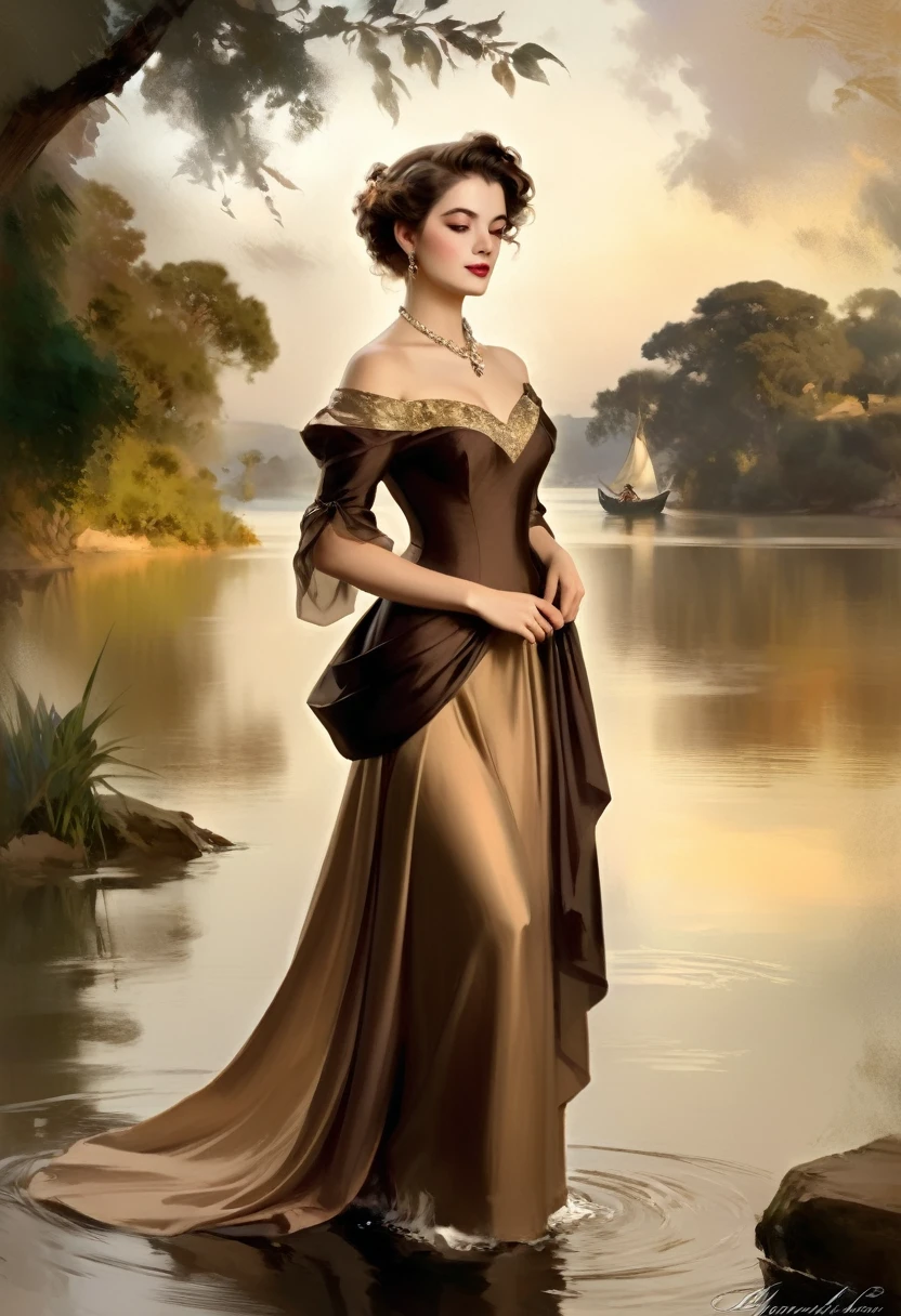 [front view]:[(((young DEN_alisya_soa) gradient of the old sepia canvas)):20]:[painting of a woman in a dress standing in front of a body of water, art of edouard bisson, renaissance digital painting, gorgeous digital painting, elegant digital painting, baroque digital painting, wlop painting style, beautiful character painting, inspired by Henryk Siemiradzki, in style of wlop, beautiful digital painting, inspired by Howard Chandler Christy