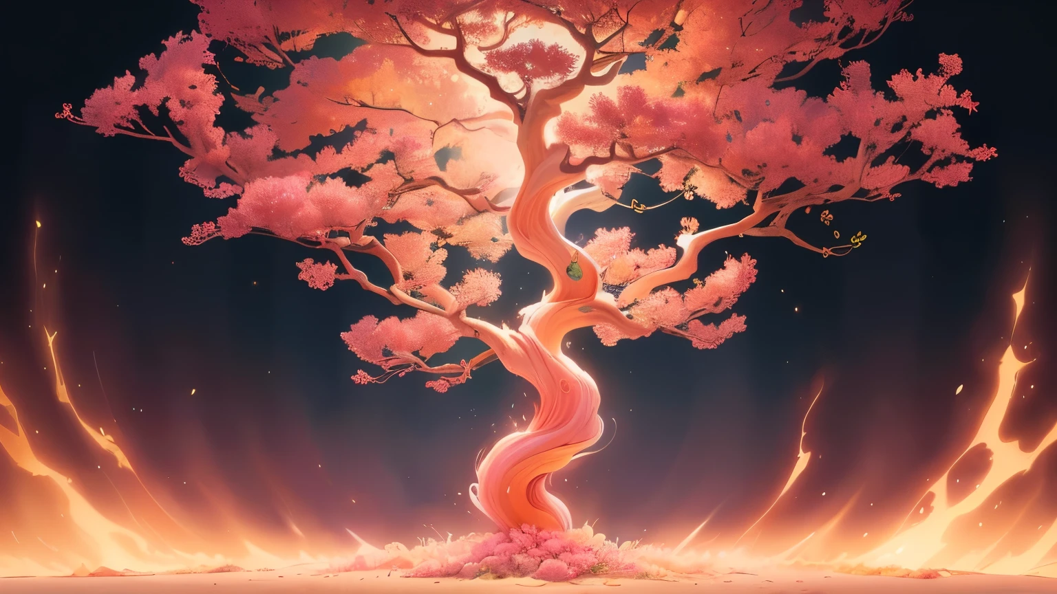 ((best quality)), ((masterpiece)), (detailed), A digital illustration of a pink jasmine tree with glowing, vibrant colors and energy radiating from it