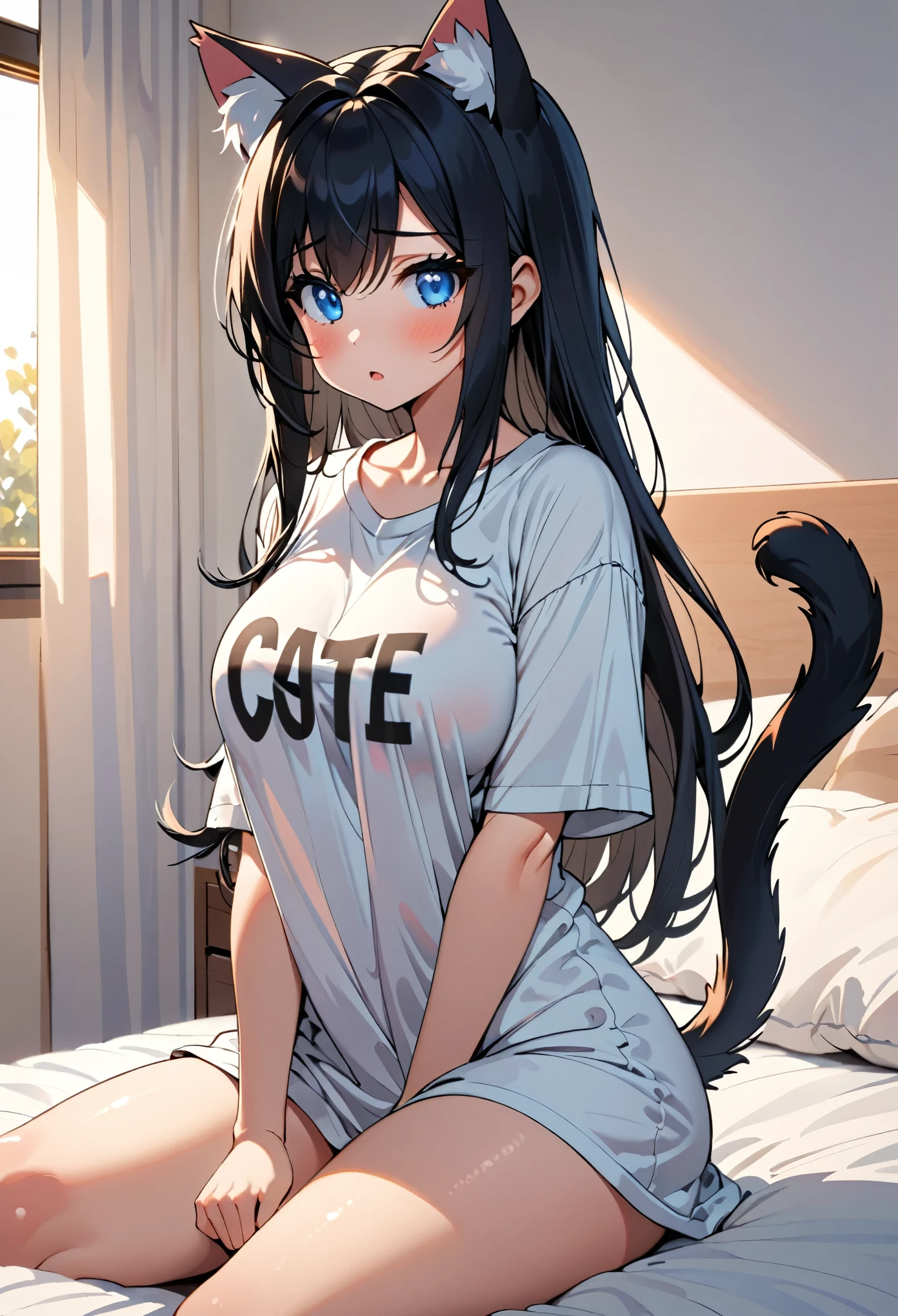 solo female, sitting on bed, oversized t-shirt, large breasts, young, very large breasts, blue eyes, straight long black hair, cat ears, cat tail, confused, morning, w sitting, very cute, childish, curvaceous, close up