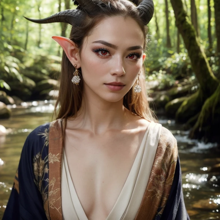 tiefling:1.2, alone, One girl, A small horn 1 inch high, Long Hair, whiteの髪, 青 colored skin, Pointed Ears, lips, Blurred, Upper Body, jewelry, kimono, Blurred, Blurred background, Realistic:1.3, Depth of written boundary, Forest stream, (Perfect body, Beautiful Face, eye shadow, Beautiful red eyes, Detailed face), (sexy, Fascinating), (photoRealistic:1.6), (Mature Adult:1.25) white colored skin (white_skin)