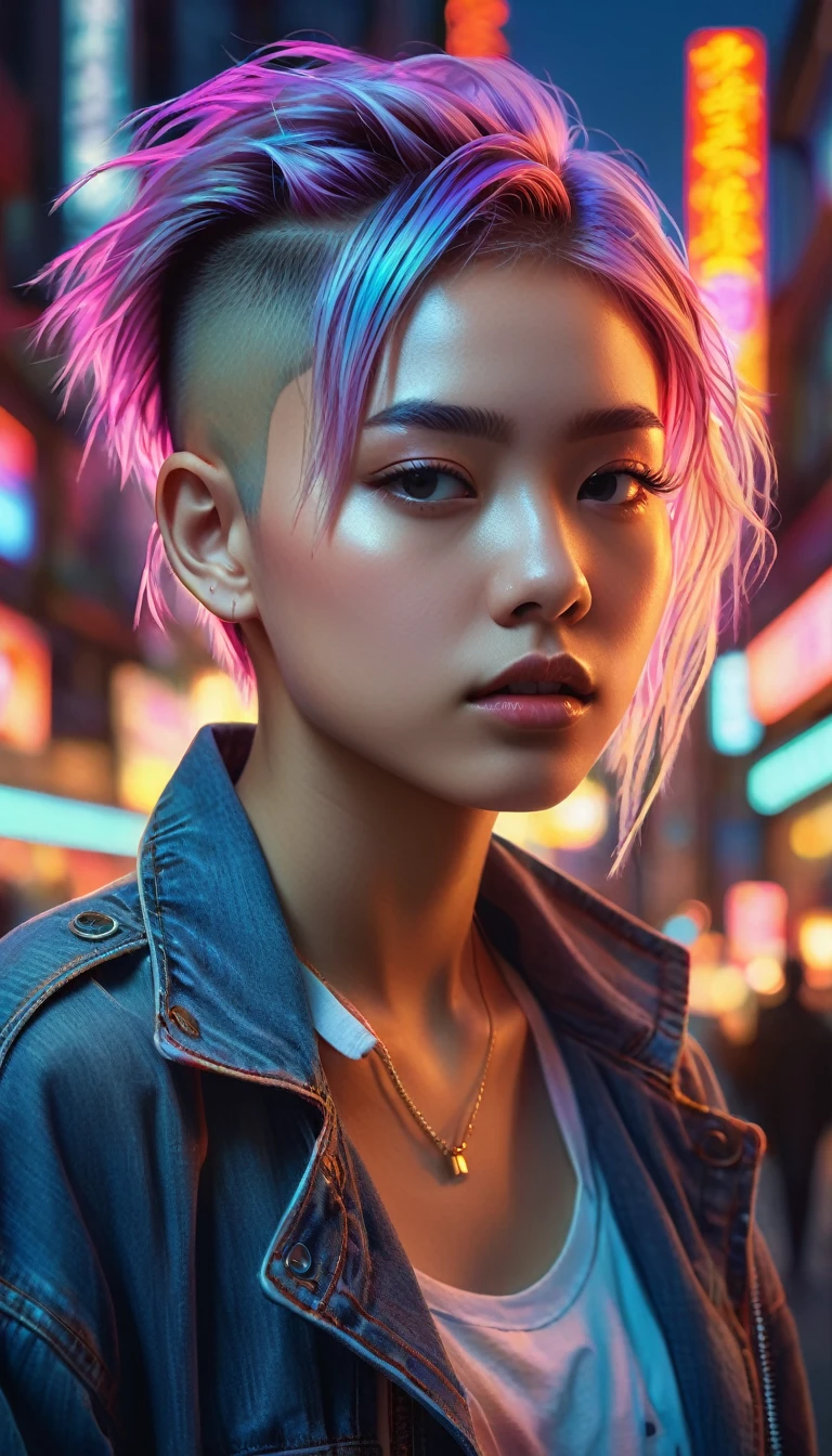 Light-skinned tomboy girl with undercut hair, illustrated by Aoiro Studio and Masaaki Komori, Hyperdetailed, neon lights, cinematic lighting, Matte painting, illustrated in the style of an oil painting, Trends on ArtStation, Contemporary Art, Surrealistic and dreamlike atmosphere.