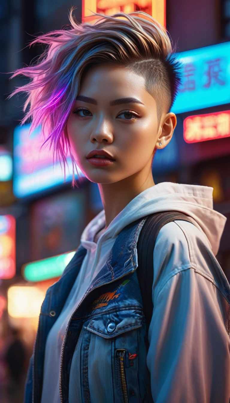Light-skinned tomboy girl with undercut hair, illustrated by Aoiro Studio and Masaaki Komori, Hyperdetailed, neon lights, cinematic lighting, Matte painting, illustrated in the style of an oil painting, Trends on ArtStation, Contemporary Art, Surrealistic and dreamlike atmosphere.