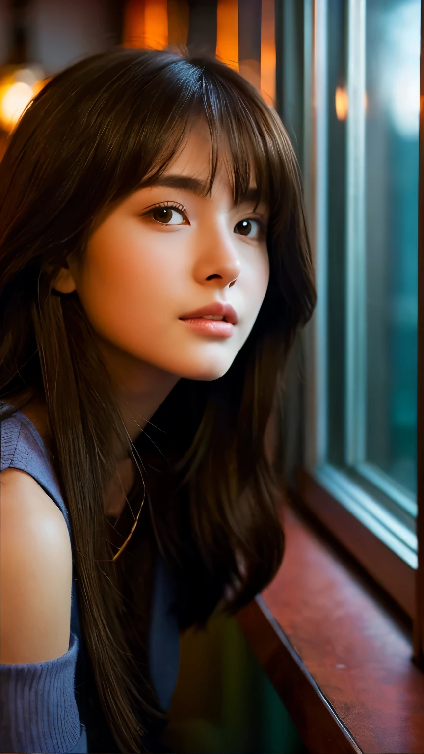 The time is night. A beautiful woman sits by the window in a restaurant and looks out the window. Twenty years old. Dark brown hair. There is a view of the suburbs outside the window. The woman looks a little . Upper body close-up image.