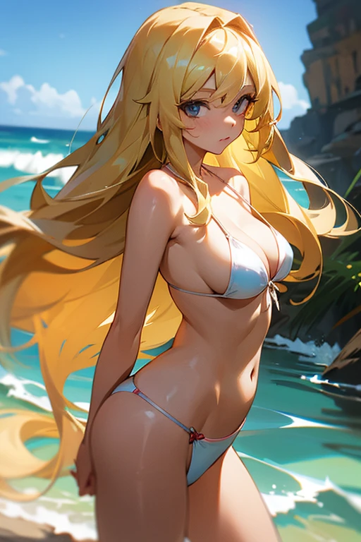 woman in bikini, blonde long hair.
