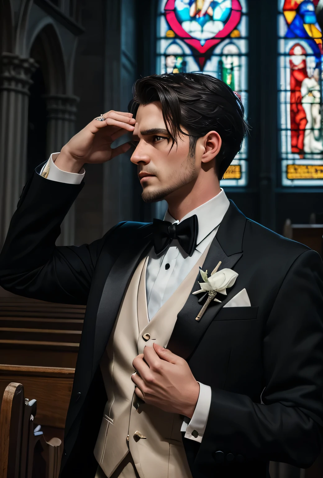 a groom who does not want to get married, detailed portrait, beautiful eyes, looking away, hands up in refusal, tuxedo, church interior, stained glass windows, dramatic lighting, cinematic angle, photorealistic, 8k, intricate details, masterpiece
