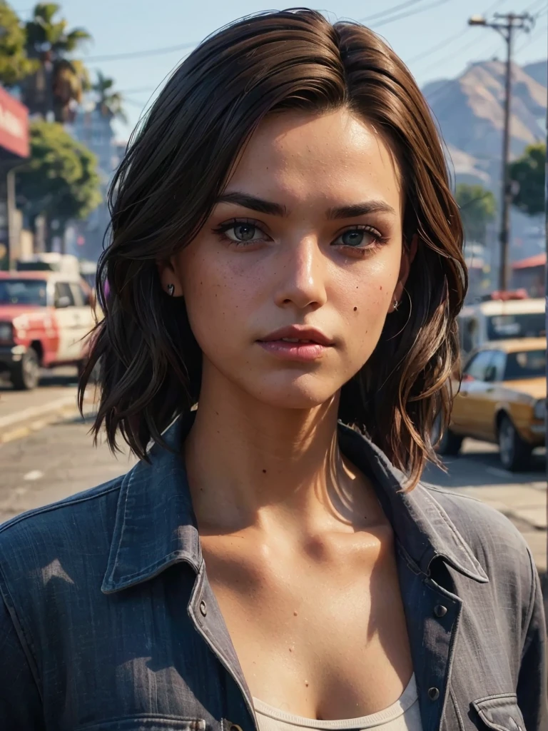 (best quality,realistic:1.2),ultra-detailed,with purple hair,purple shirt,vivid colors,Photorealistic,black hair with purple tips,fierce expression,Light blue eyes