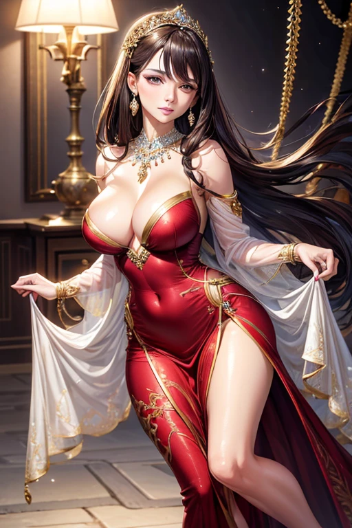Girl, with dark chestnut hair, hourglass-shaped body, broad shoulders, slim waist, broad hips, medium chest Clothes Wearing a dark red silk dress, delicately and luxuriously designed, flowing delicately over her body. The dress is decorated with golden embroideries that wrap around the chest and sleeves, with a long skirt that gracefully touches the ground. Around her neck, a diamond necklace sparkles, and the lights reflect on it, radiating a magical sparkle. She wears gold earrings with white pearls hanging from them, giving her a touch of softness and sophistication.Thin gold bracelets adorned with sparkling gemstones adorn her wrist, and she wears a white gold ring adorned with a rare blue sapphire.. Her bag is a piece of art in itself, made of natural leather and decorated with gold metal details. Her classic high-heeled shoes are made of patent leather, perfectly matching her elegant look.Her dark brown hair strands cascade over her shoulders, carefully arranged, adding a finishing touch to her glamorous look that combines luxury and simplicity at the same time..
Beautiful and detailed eyes, beautiful and detailed lips, highly detailed eyes and face, long eyelashes, (Best quality, 4K, 8K, high definition, masterpiece: 1.2), very detailed, (Realistic, photographic, photographic realism: 1.37), HDR, UHD, Studio Lighting, Ultra Fine Art, Sharp Focus, Physics-Based Rendering, Fine Detail, Professional, Vivid Colors, Effect