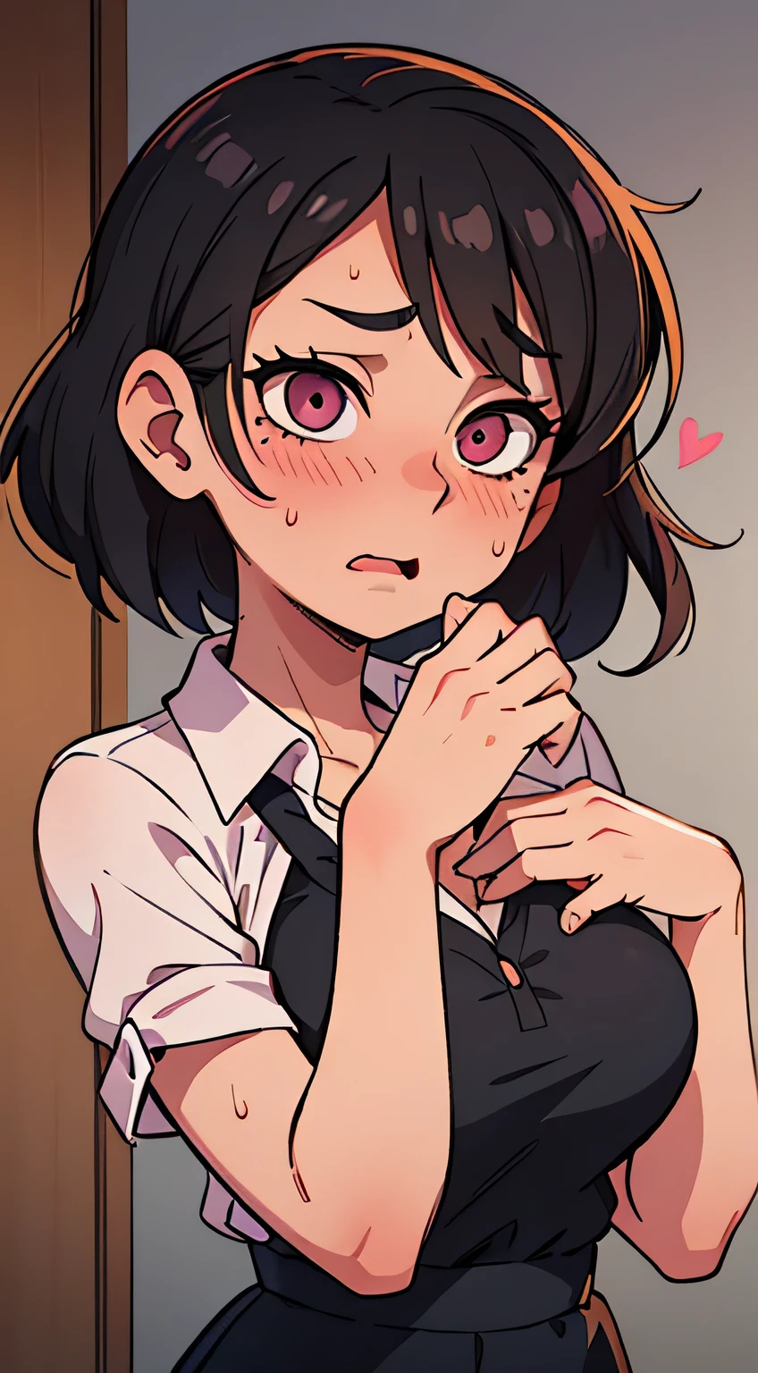 Amazing portrait of a young mature woman with short wavy hair black hair with a fascinated and a surprised expression wearing a pink blouse with a mature face who's experiencing orgasm during night time with soft lighting highlighting her heart pupils as she's sweaty and blushing with a mole under her eye wearing eyeliner with her mouth open and empty eyes
