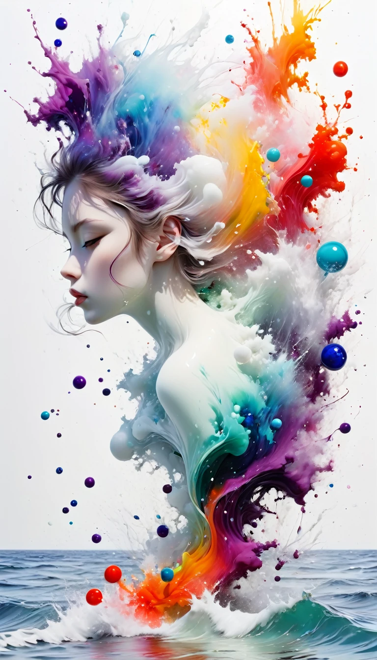 scribble art,ink splatter,1girl, wild and unrestrained,splash ink painting,Abstractionism,colorful,Blurry dreams,Dynamic energy,release creation,visual impact,modern aesthetic,Elegant and simple,Contemporary interpretation,Be bold,White background,Lots of white space,Colored glass marbles fall into sea of ink,ink splatter moment,Stir up huge colorful waveagnificent