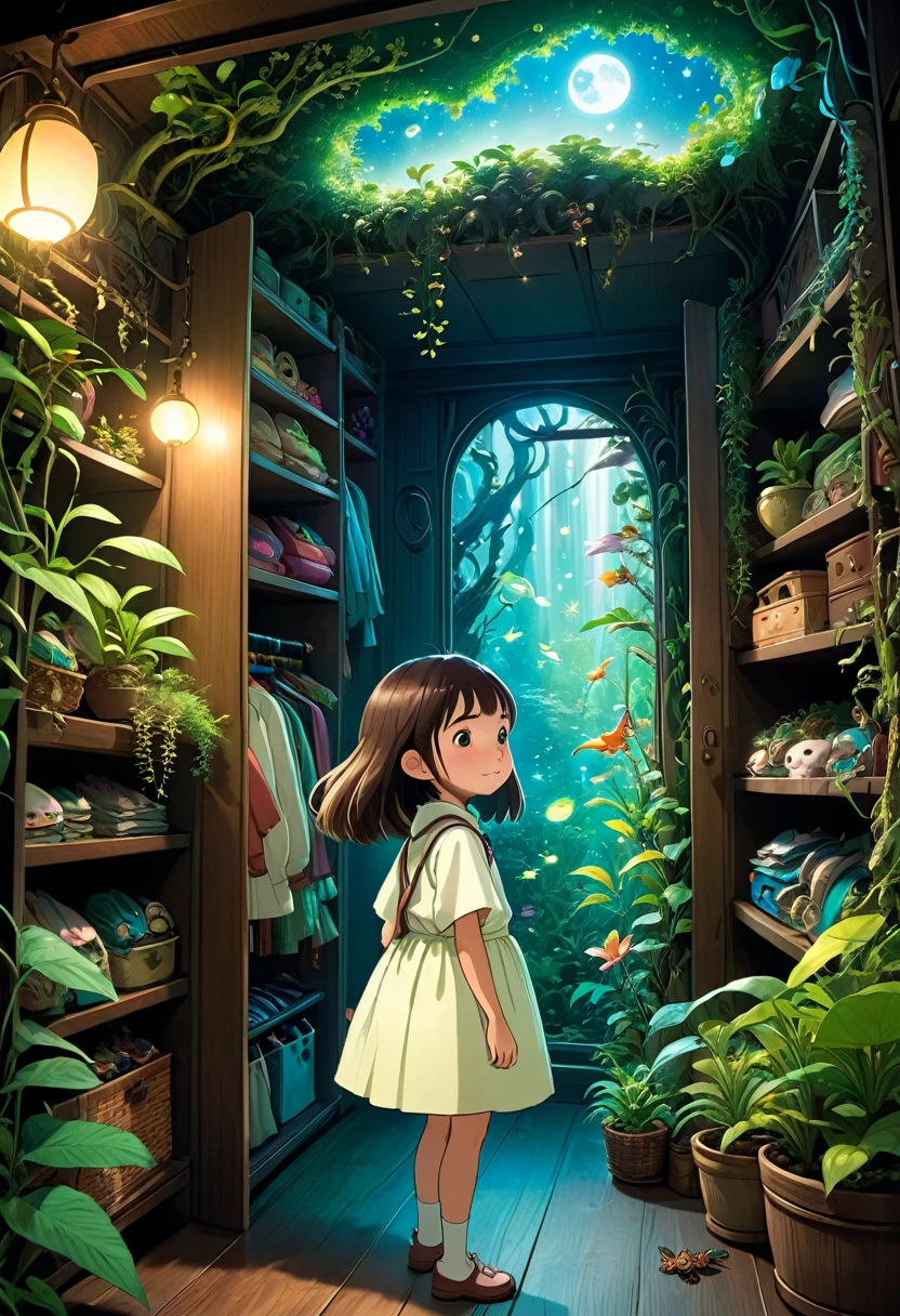 A 6-year-old girl discovers a hidden world inside her wardrobe, full of Ghibli-inspired mystical creatures and glowing plants.