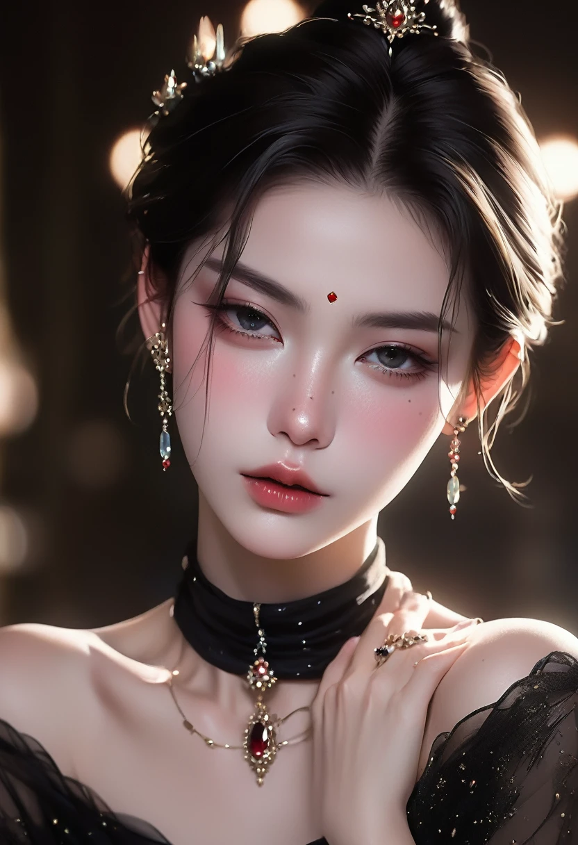 1 girl,solitary,Exquisite facial features,Dark eyeshadow,small freckles,Back lip,Slender neck,Touch your chin with your hands,Exaggerated jewelry,Short and smooth hair,Detailed hair accessories,Radiant Skin,High collar off-shoulder short sleeves,Looking at the camera