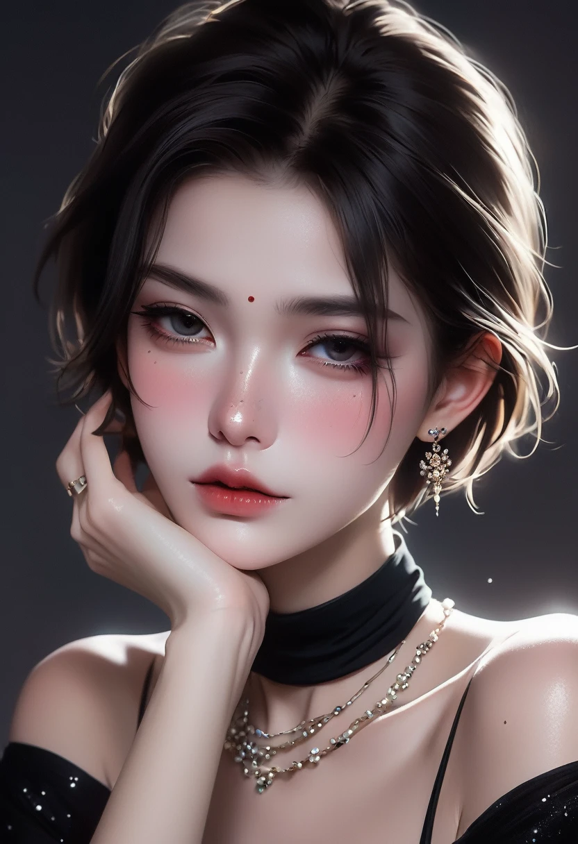 1 girl,solitary,Exquisite facial features,Dark eyeshadow,small freckles,Back lip,Slender neck,Touch your chin with your hands,Exaggerated jewelry,Short and smooth hair,Detailed hair accessories,Radiant Skin,High collar off-shoulder short sleeves,Looking at the camera