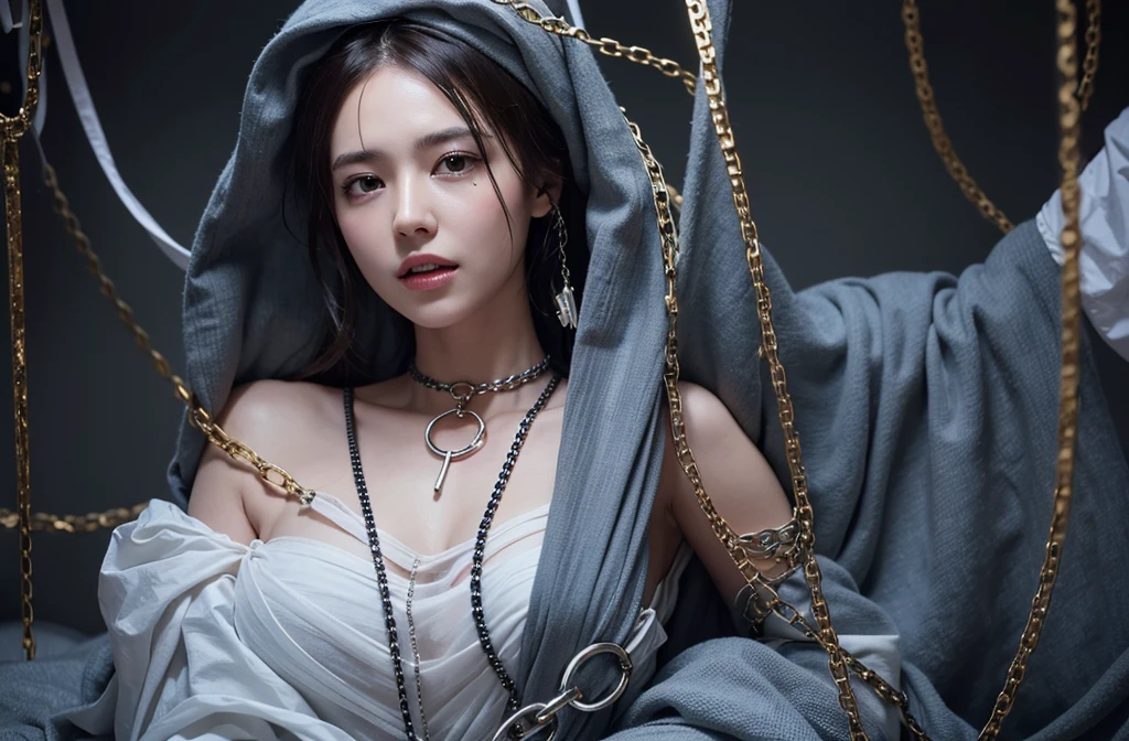 A woman with her face covered in plastic, while tied in chains on a bed, surrounded by people, in a room, environmental concept art, 8k, super realistic, highly detailed
