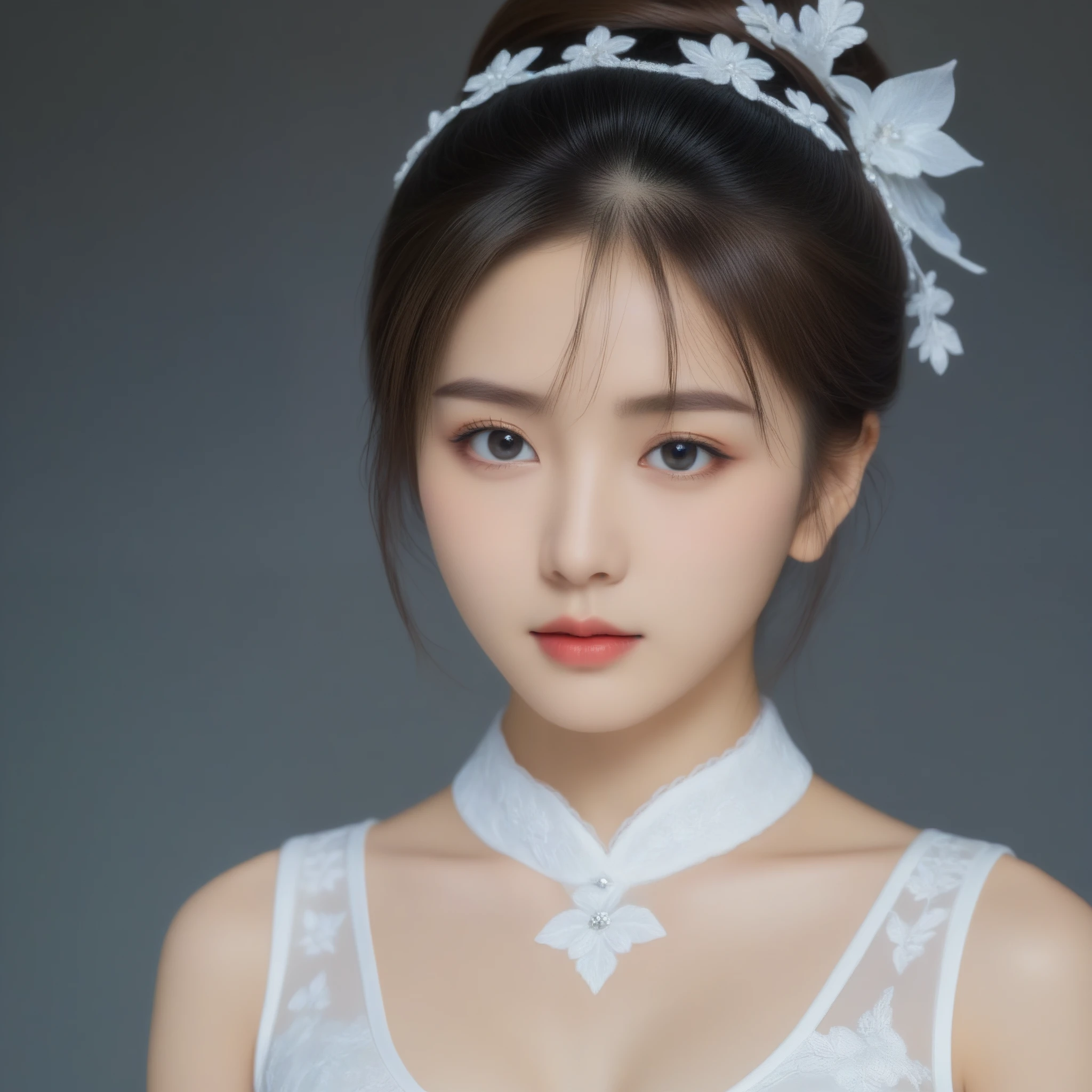 8k, Ultra-high resolution, Highest quality, masterpiece, 三分割法によるphotograph,Surreal, photograph, 1 Girl, (:1.3), pretty girl, Cute Face, Beautiful eyes in every detail, 細かくdetailedに,masterpiece,One Girl:1.2,Japan Female Teachers,extream close up,sad,streaming tears,Black short hair,Messy bun hair,(black suit:1.3),Nun's clothing,(印象派の美しい少女のPortraiture), (Gray background:1.3),(Impressionist light and colour),Gothic Girl , (One-piece suit, Embroidery lace, Sexy Embroidered Mesh Pantyhose Gloves),Realistic Skin, Perfect and beautiful face ,完璧でCute Face, Skin with attention to detail, Perfect limbs、Narrow waist,Looking at the audience,(((Ideal body type))),A cup small breasts :2,Portraiture:2,Perfect Anatomy,鮮明なdetailed,detailed,Surreal,Light and shadow,darkness