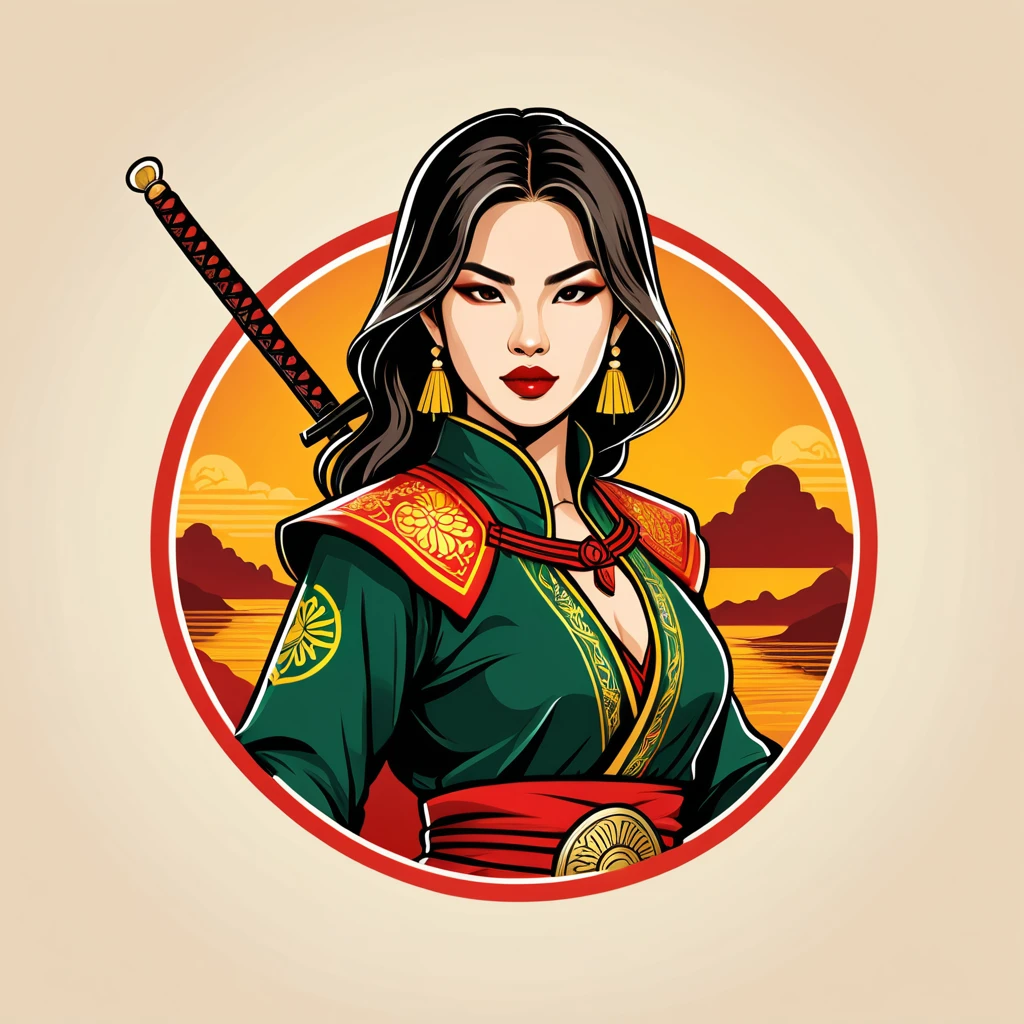 female rogue in vietnamese folk outfit ,vector graphics, strong contours, logo design