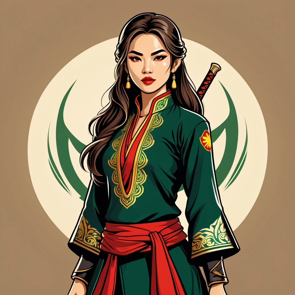 female rogue in vietnamese folk outfit ,vector graphics, strong contours, logo design