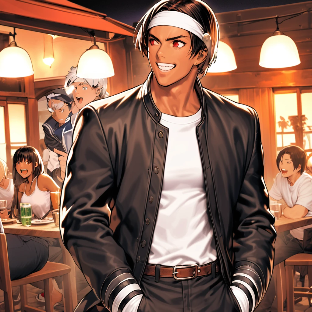 Orochikyo, 1 person,Dark Skin,Red eyes,Black jacket, Fingerless gloves, White T-shirt, White headband, Black trousers, White shoes, Brown belt, good looking,Outdoor, charm, masterpiece, High resolution, Detailed face,fine grain, Confident surprised face,School trip,Dining with friends at the accommodation,Laughing and talking