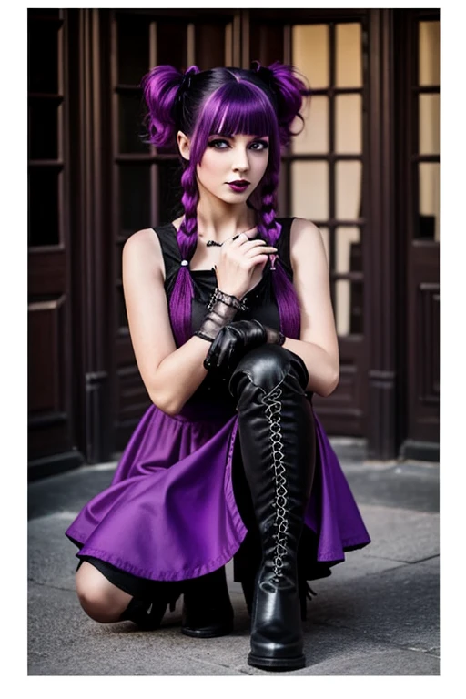 A gothic girl with fuchsia hair and two pigtails, Wear a purple dress that reaches to your knees., that has high black boots, that his arms are black and his hands have claws