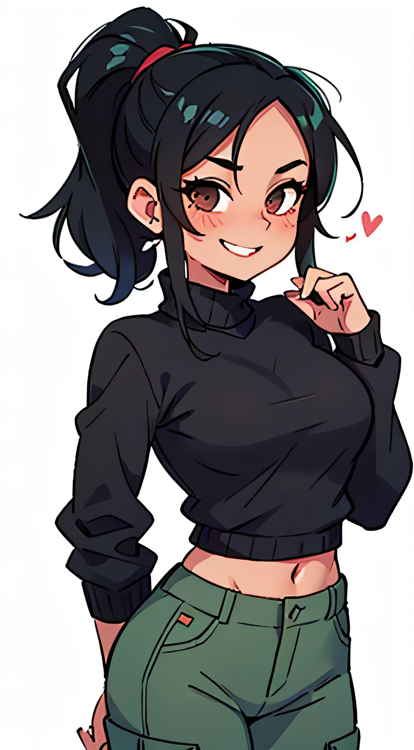 Amazing portrait of a sexy woman wearing her luscious black hair in a cute ponytail, seductively gazing and smiling, soft lips, parted, blushing intensely, smiling, dark green sweater, cream cargo pants, medium chest, perfect body