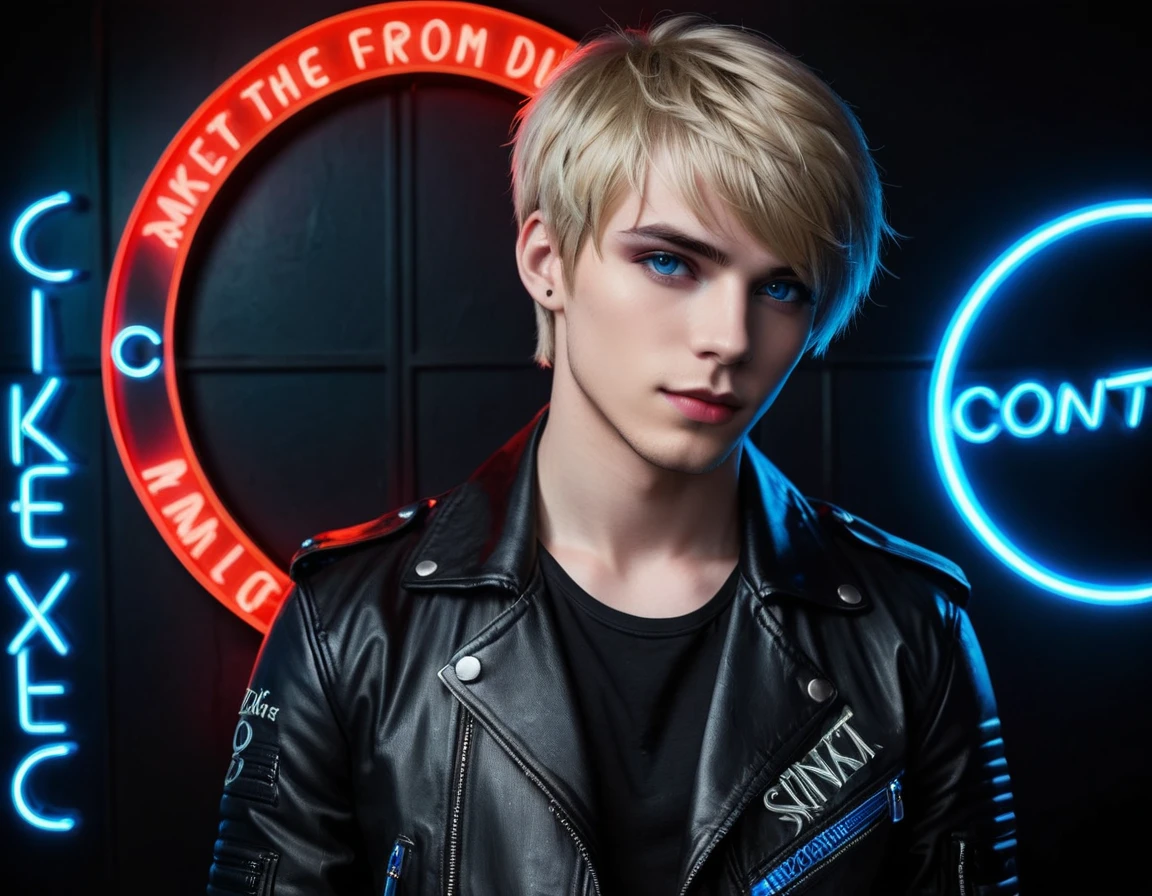 Hyper realistic, dark vibes, solo, attractive young guy, male, 22 years, (holding knife:1.1) pale skin, blue eyes, (short textured blond hair:1.1), layered bangs, gothic black leather jacket, black eyeliner, dark lighting, in luxury BDSM room, (smirk:1.1), (visible neon red crescent moon writing sign in background text "CONTEXT" in blue:1.1)