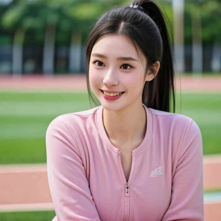 (kawaii 18 year-old Japanese girl, Nogizaka idol, Korean idol, track and field player), healthy female athlete body, (glossy black hair, high ponytail, bangs:1.2), beautiful black eyes, rounded face, single eyelid, (no makeup:1.2), (big laughing), (light pink track jacket, sports leggins), extra small breasts, BREAK, (park background, turf, summer, sunny daytime:1.2), (dynamic angle, bust shot:1.2), BREAK, (masterpiece, best quality, photo realistic, official art:1.4), (UHD, 8K quality wallpaper, high resolution, raw photo, golden ratio:1.3), (shiny skin), professional lighting, physically based rendering, award winning, (highly detailed skin texture, extremely detailed face and eyes textures), Carl Zeiss 300 mm F/2.8, depth of field, (1girl, solo),