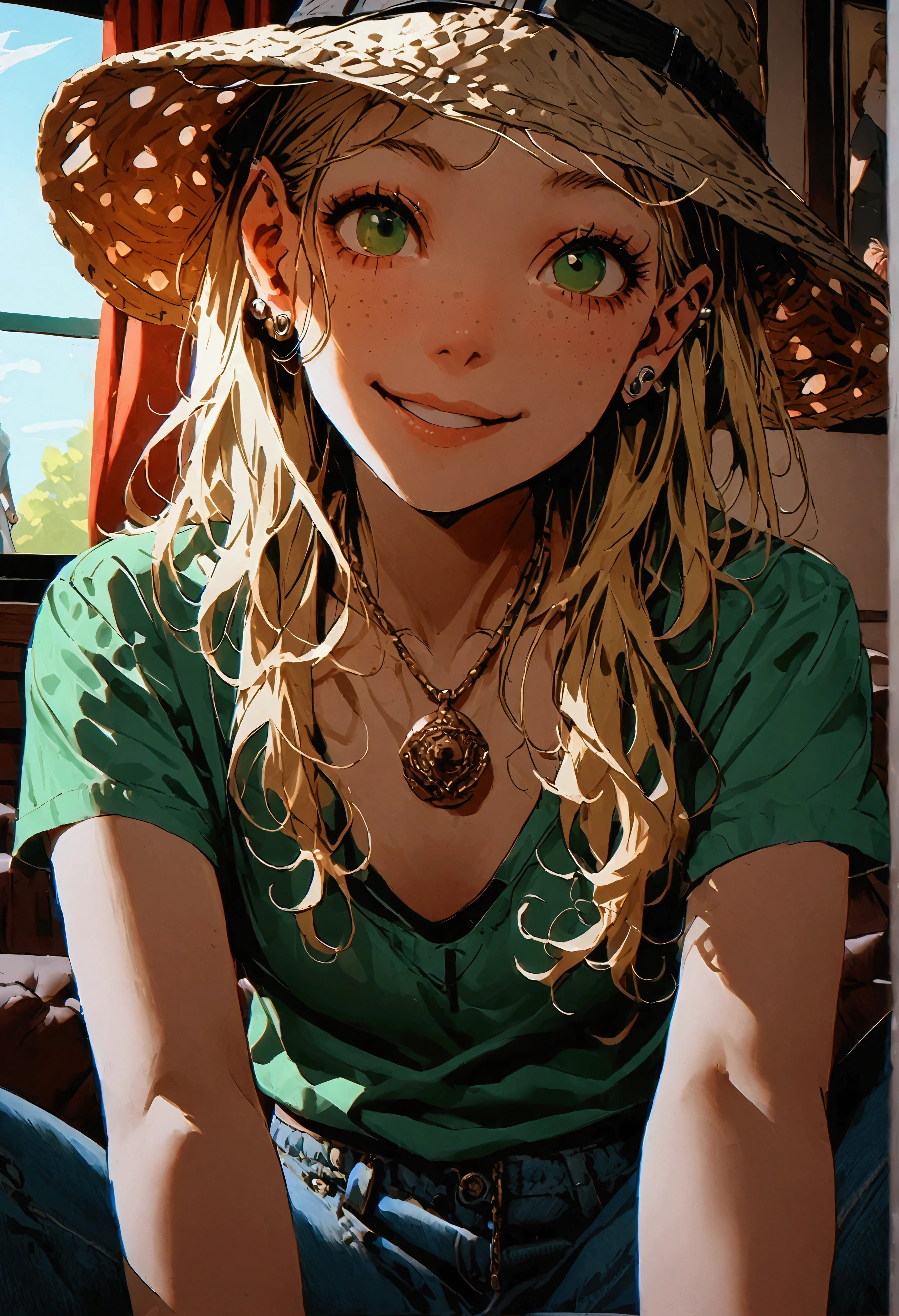 cheeky, freckled, blonde girl, green eyes, flat chest, pert butt, fishing hat, ear piercing, expensive pendant, bracelet, tight t-shirt, jeans, white mini skirt, Nike sneakers, cheeky smile, sitting on the couch house, tv background, echi, cinematic, dramatic, POV, dynamic view, full body,