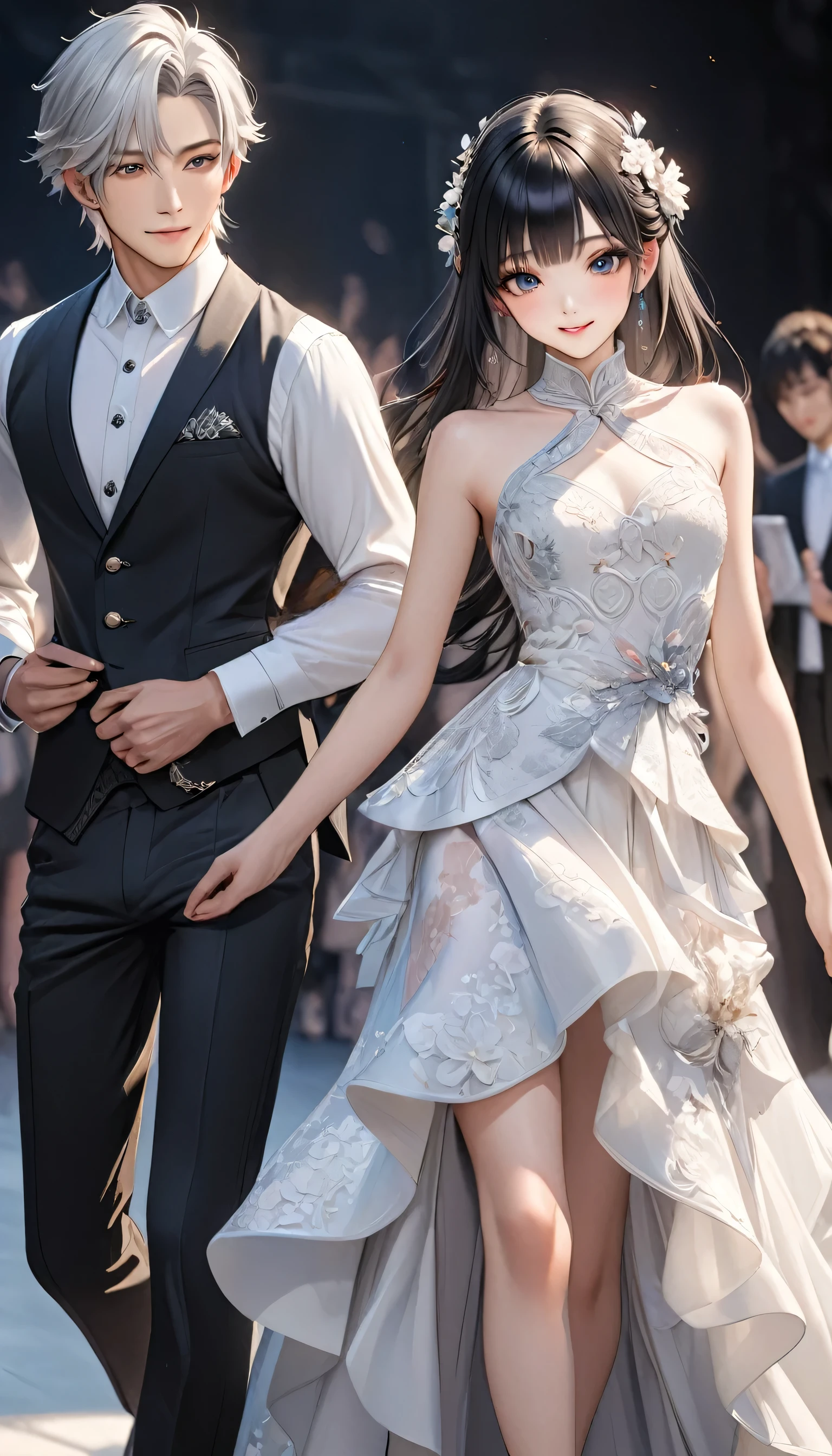 ( perfect anatomy )Anime charming black long hair oriental beauty girl, A dazzling clothing model on the catwalk.Showcasing this year’s latest fashionable dresses. Dynamic pose detail face. realistic eyes. The face and eyes are very detailed. delicate skin.、delicate skin texture smile,Soft Light, Professional photography master&#39;artwork, texture, complicated, Clear, High-quality masterpieces，Extremely complicated and exquisitely detailed, Super detailed, Super detailed digital art 
